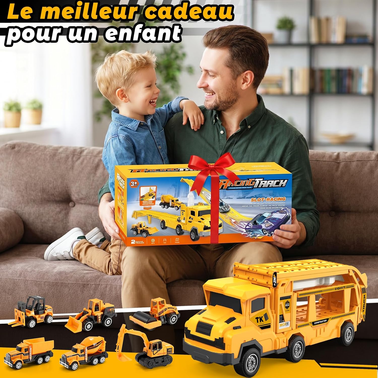Thumbnail 6 de EUCOCO Transporteur Voiture Enfants 3D – Camion de construction avec 8 mini voitures, jeu 3 en 1 (2 pistes intégrées) pour garçons 3–8 ans