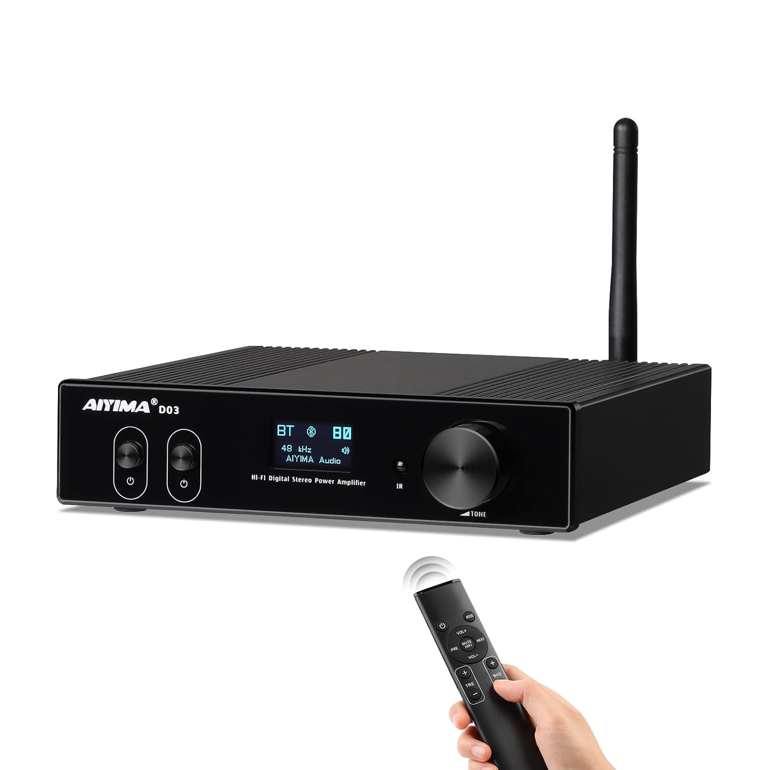Detalle 2 de AIYIMA D03 Bluetooth 5.0 150 W x 2 — amplificateur numérique Hi‑Fi 2.1 (USB DAC, optique, coaxial, RCA) avec télécommande