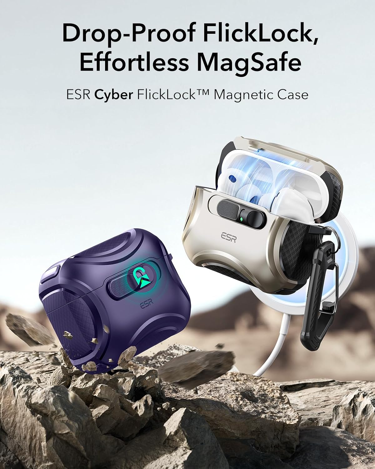 Detalle de ESR Hülle für AirPods Pro 3 (2025) mit USB‑C – MagSafe, schiebbarer Verschluss, stoßsicher (Cyber-Serie, Lila)