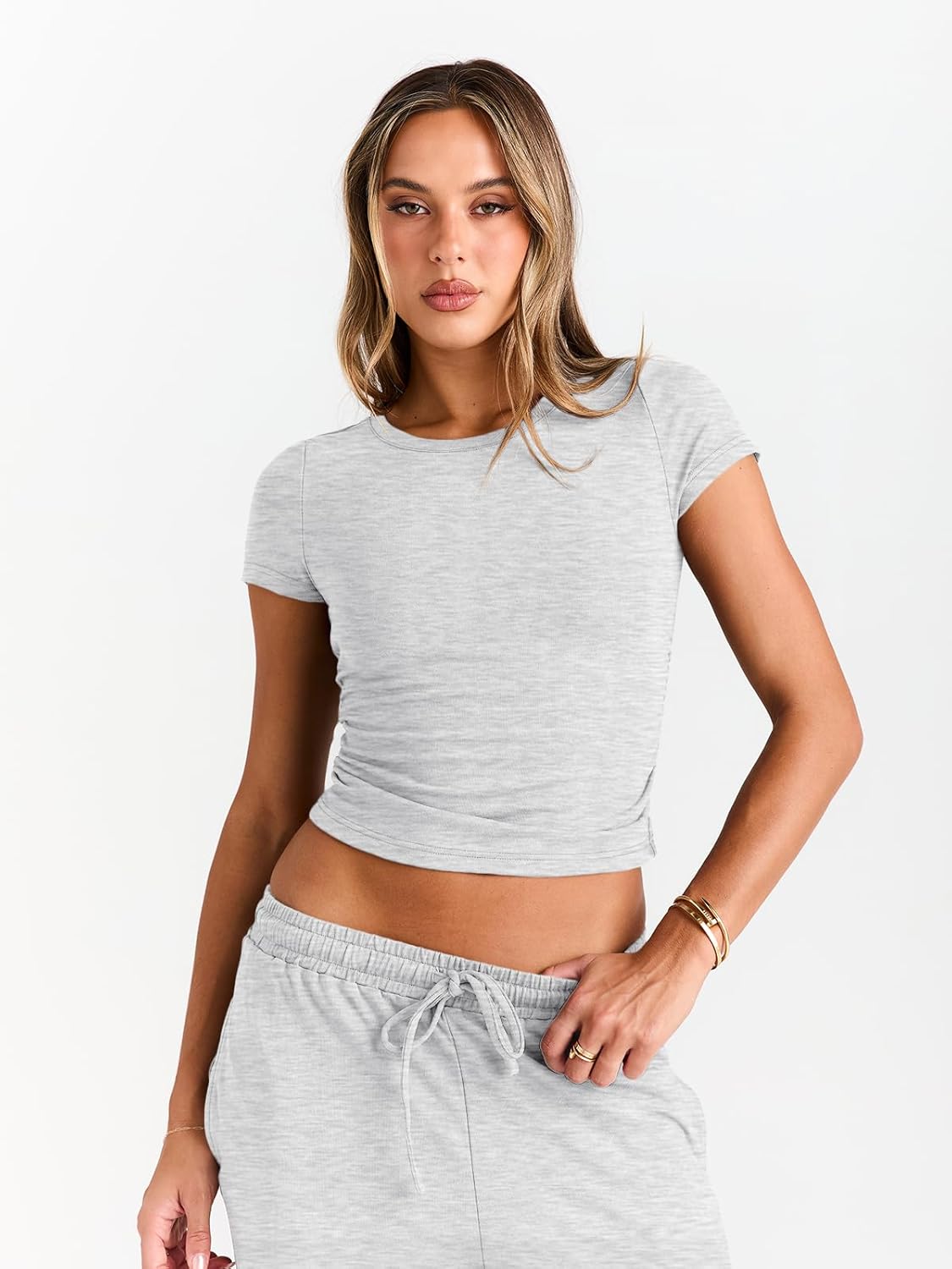 Detalle de LILLUSORY 2 Piece Lounge Wear Set for Women UK – Lightweight Rayon-Spandex, Cropped Top & Wide-Leg Pants