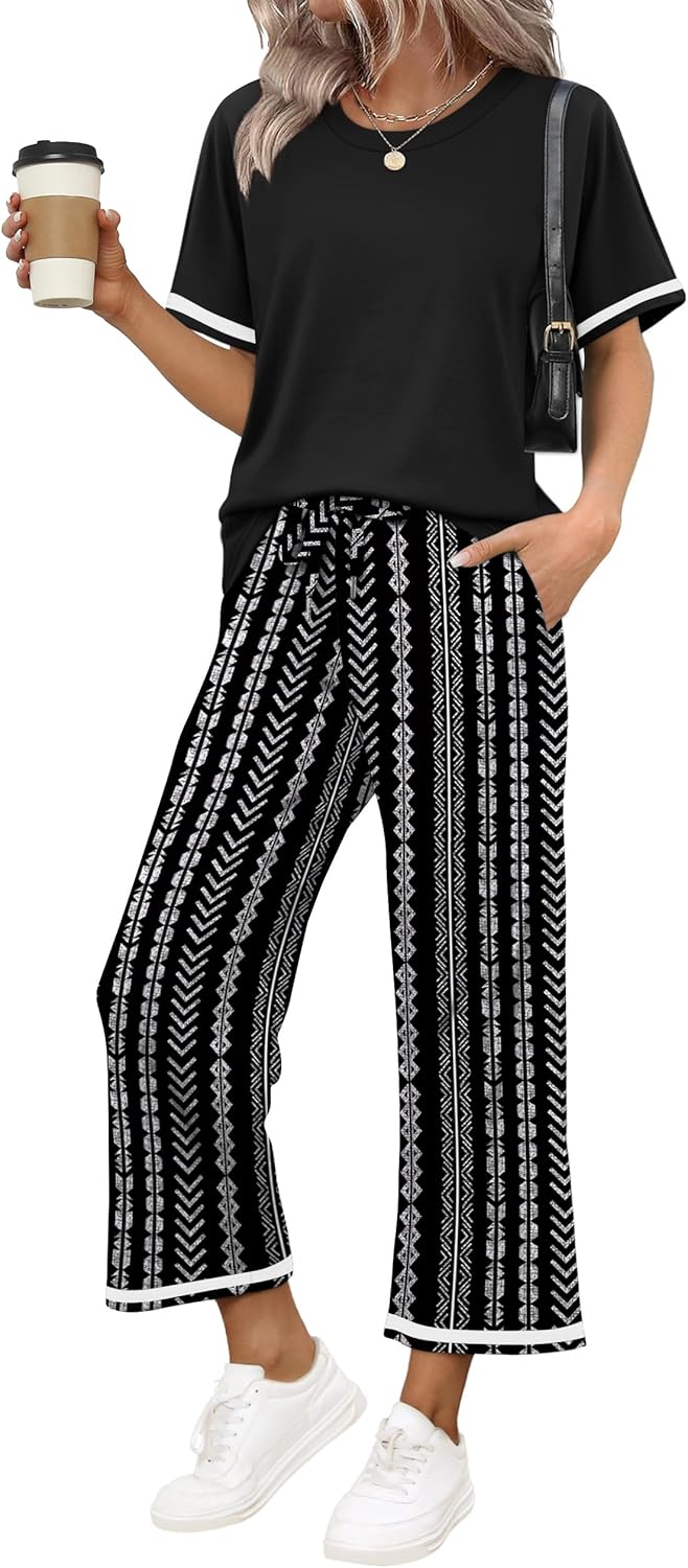 Thumbnail 1 de Sampeel 2-Piece Women’s Short-Sleeve Lounge Set with Wide-Leg Pants, Pockets & Drawstring