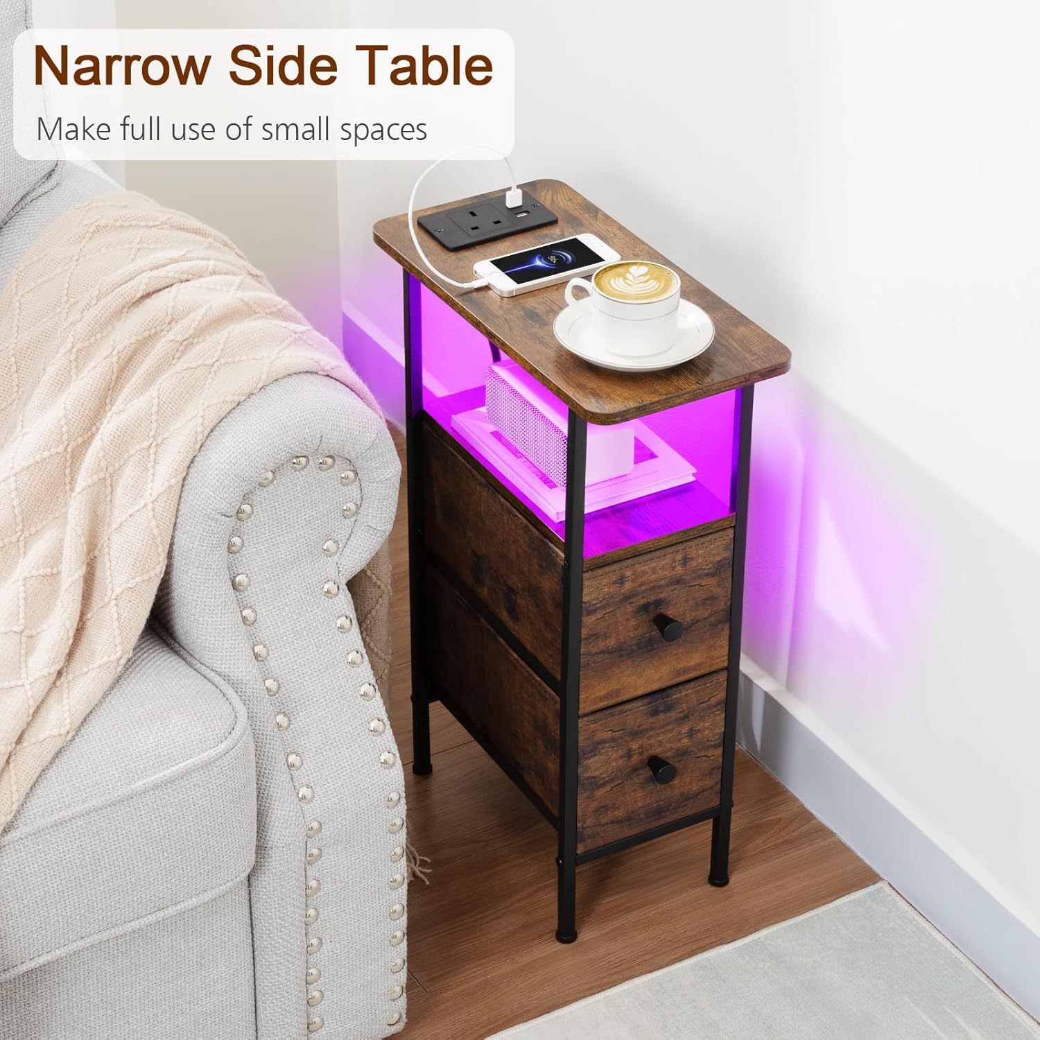 Detalle de LOAKEKEL Slim Bedside Table Set of 2 with Charging Station and LED Lights (Brown)