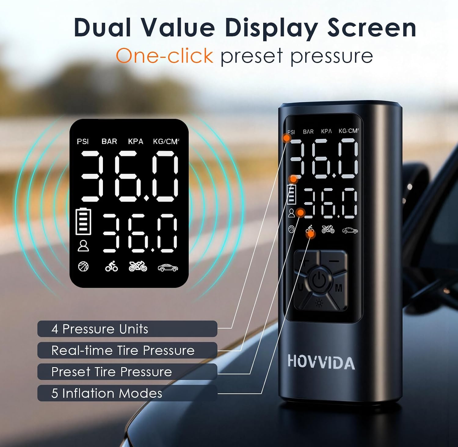 Thumbnail 5 de HOVVIDA Tyre Inflator 5200 mAh Portable Compressor