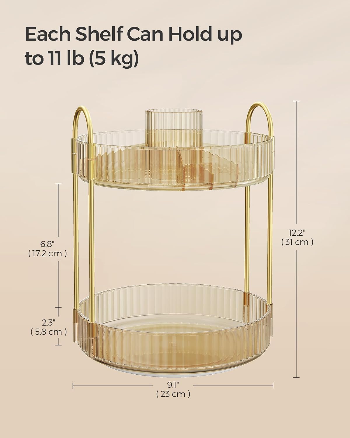 Detalle de SONGMICS Makeup Organiser Rotating, 2-Tier Round Skincare Organiser (JKA012A01) – Champagne Gold