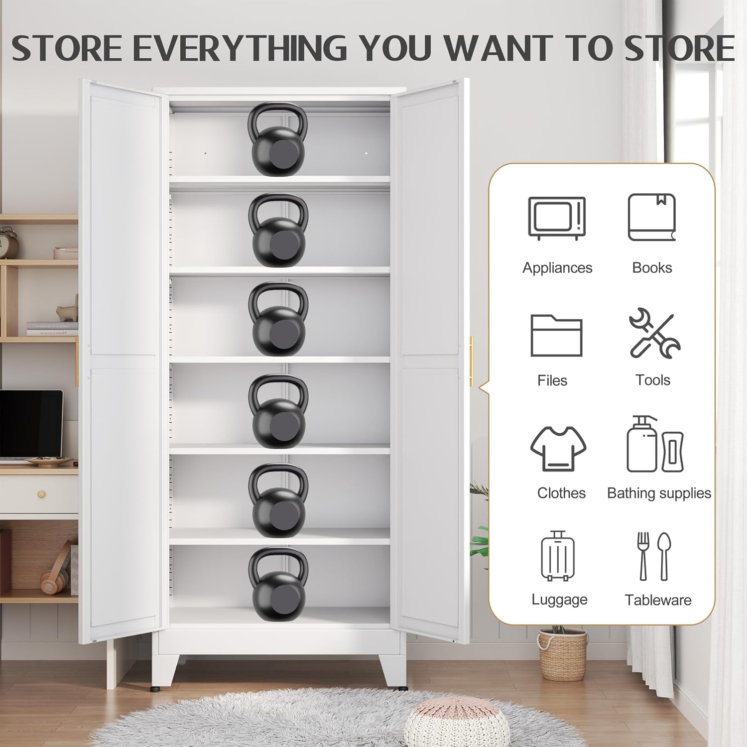 Detalle de GAIOUS C-YSXR04-1200W 75.2" Metal Pantry Cabinet, White, Adjustable Shelves