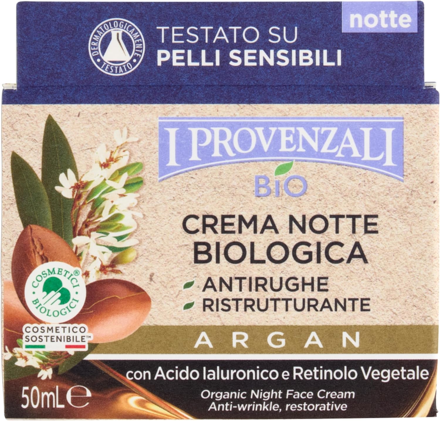 Detalle de I Provenzali Crema Notte Antirughe Biologica all'Argan, 50 ml — ristrutturante vegana per pelle secca e matura