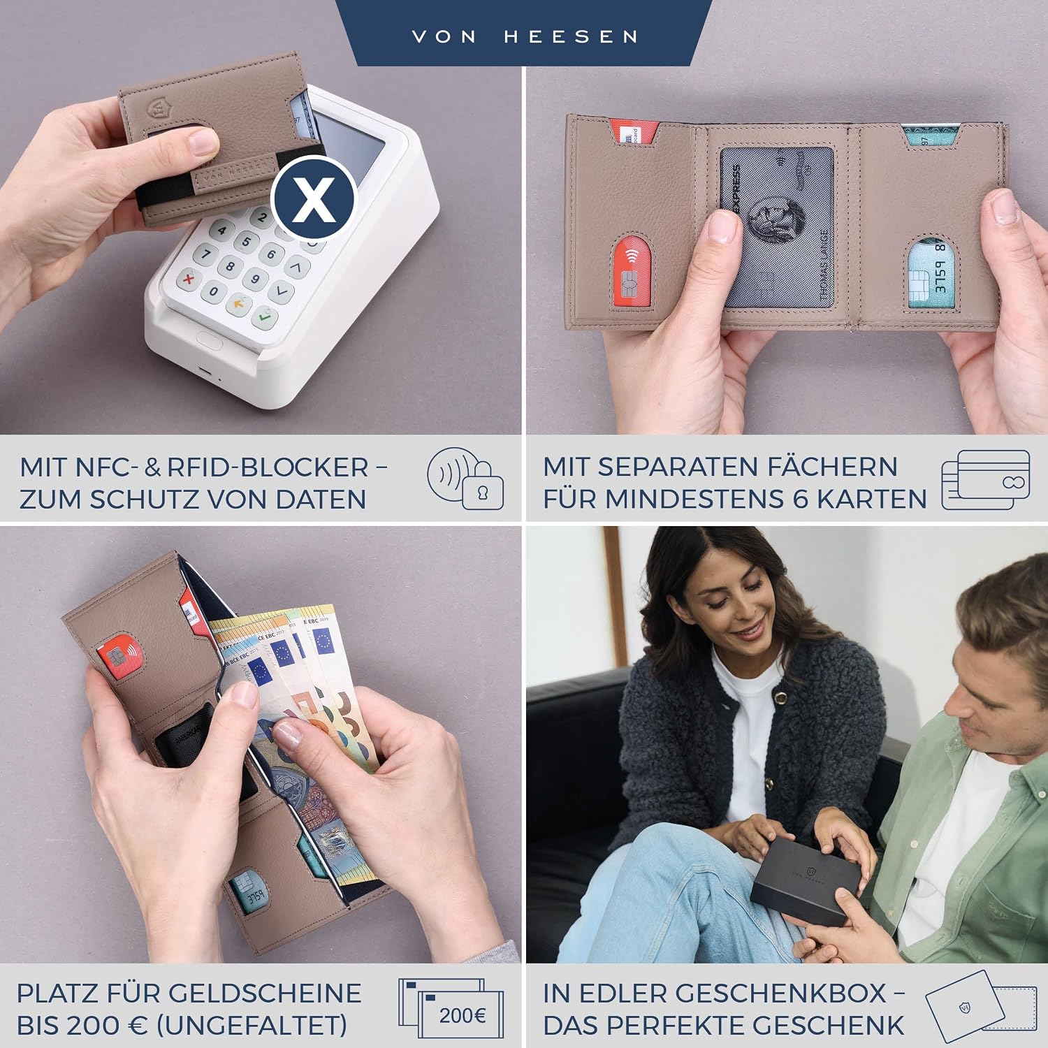 Thumbnail 1 de VON HEESEN Leder Slim Wallet – RFID-Schutz, Mini-Geldbörse aus Nappaleder
