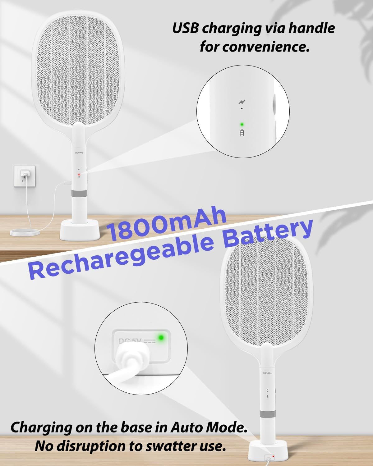 Thumbnail 5 de AOKKR Fly Zapper: Electric Insect Killer 1800mAh Rechargeable Racket (4000V) with LED Light