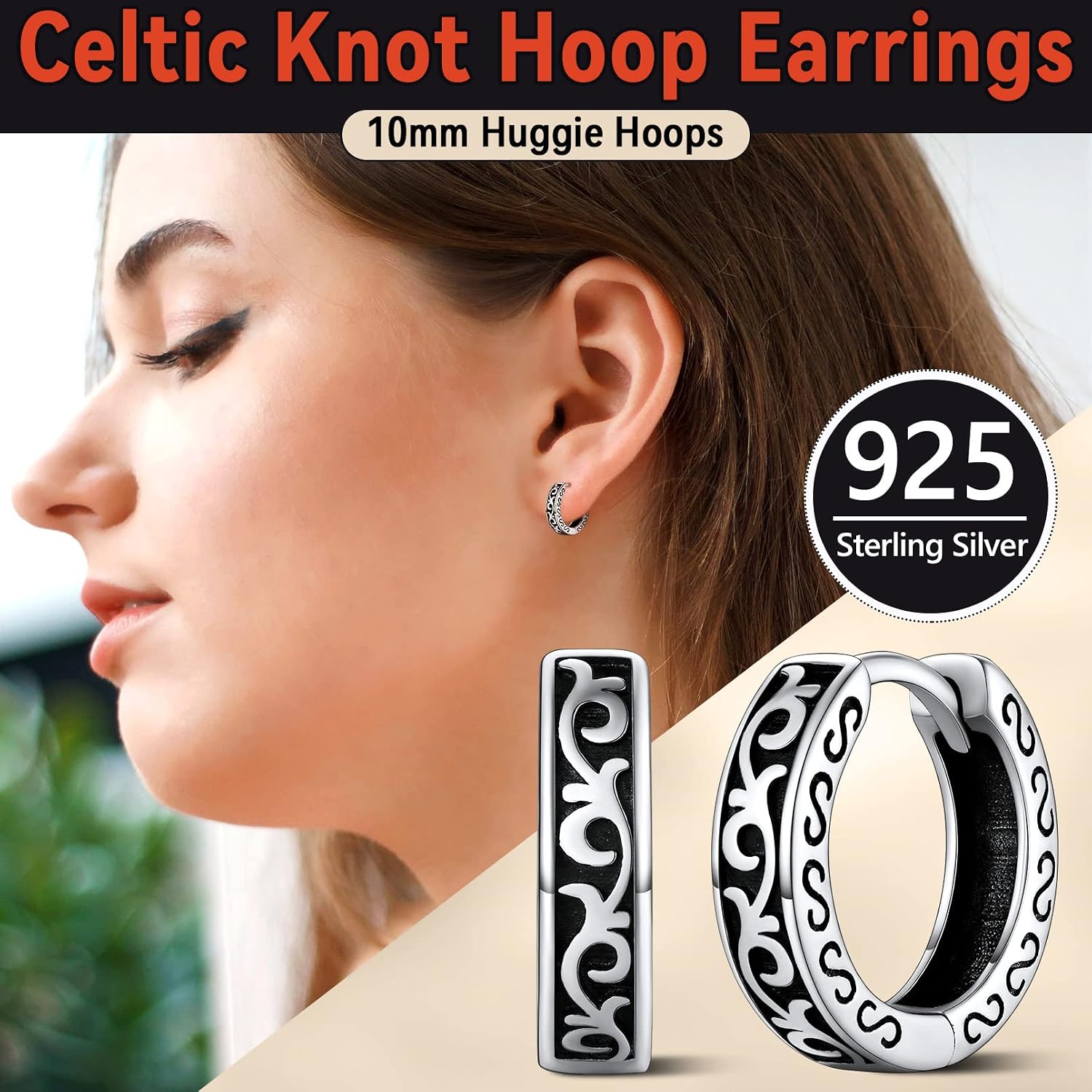Detalle de FaithHeart Sterling Silver Celtic Knot Hinged Hoop Earrings (Unisex) with Gift Box