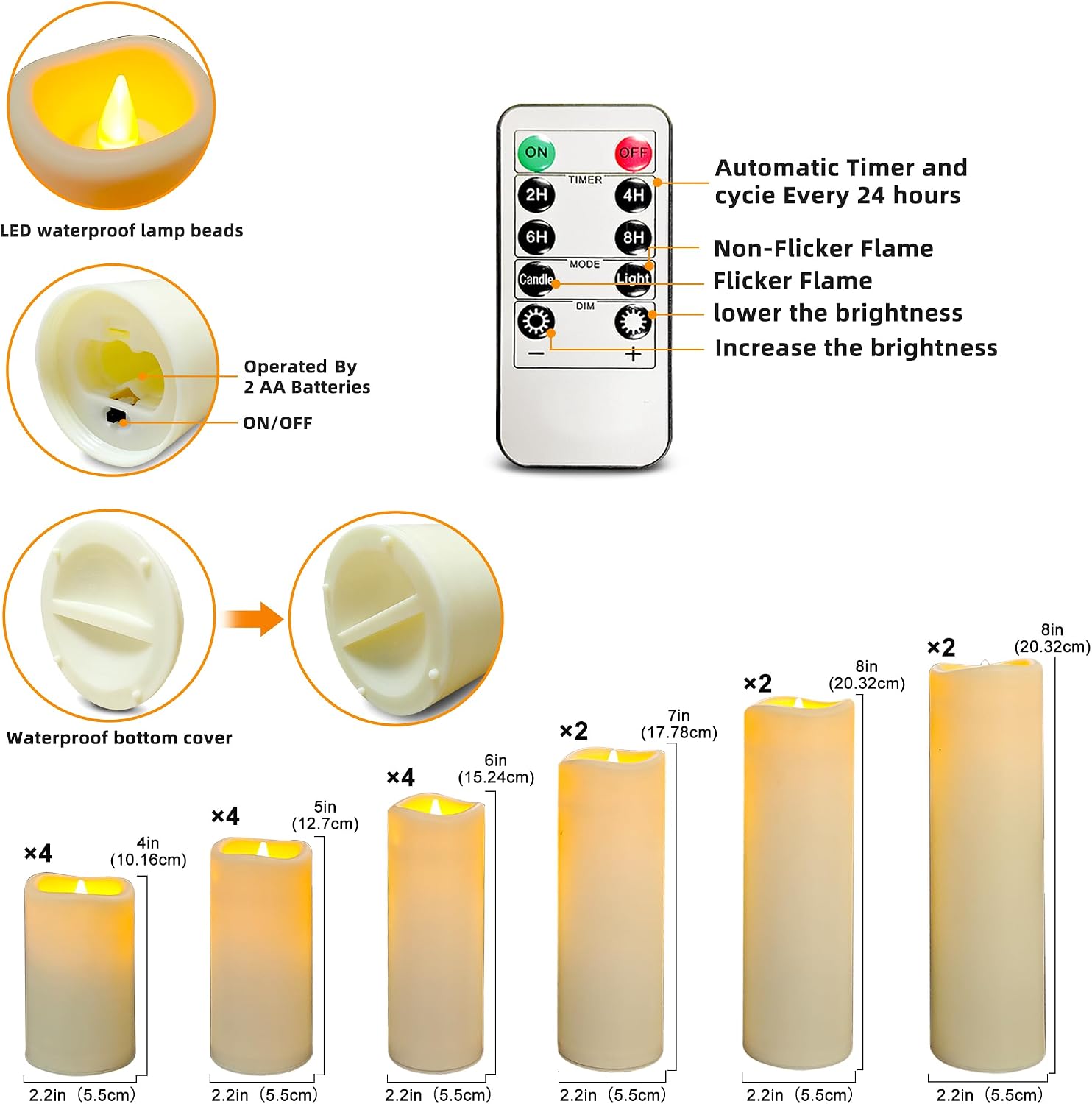 Thumbnail 1 de OSHINE Waterproof Battery Flameless LED Candles (2 Sets of 9) with Remote, 24-Hour Timer, 4–9 inch Heights – Outdoor Decor