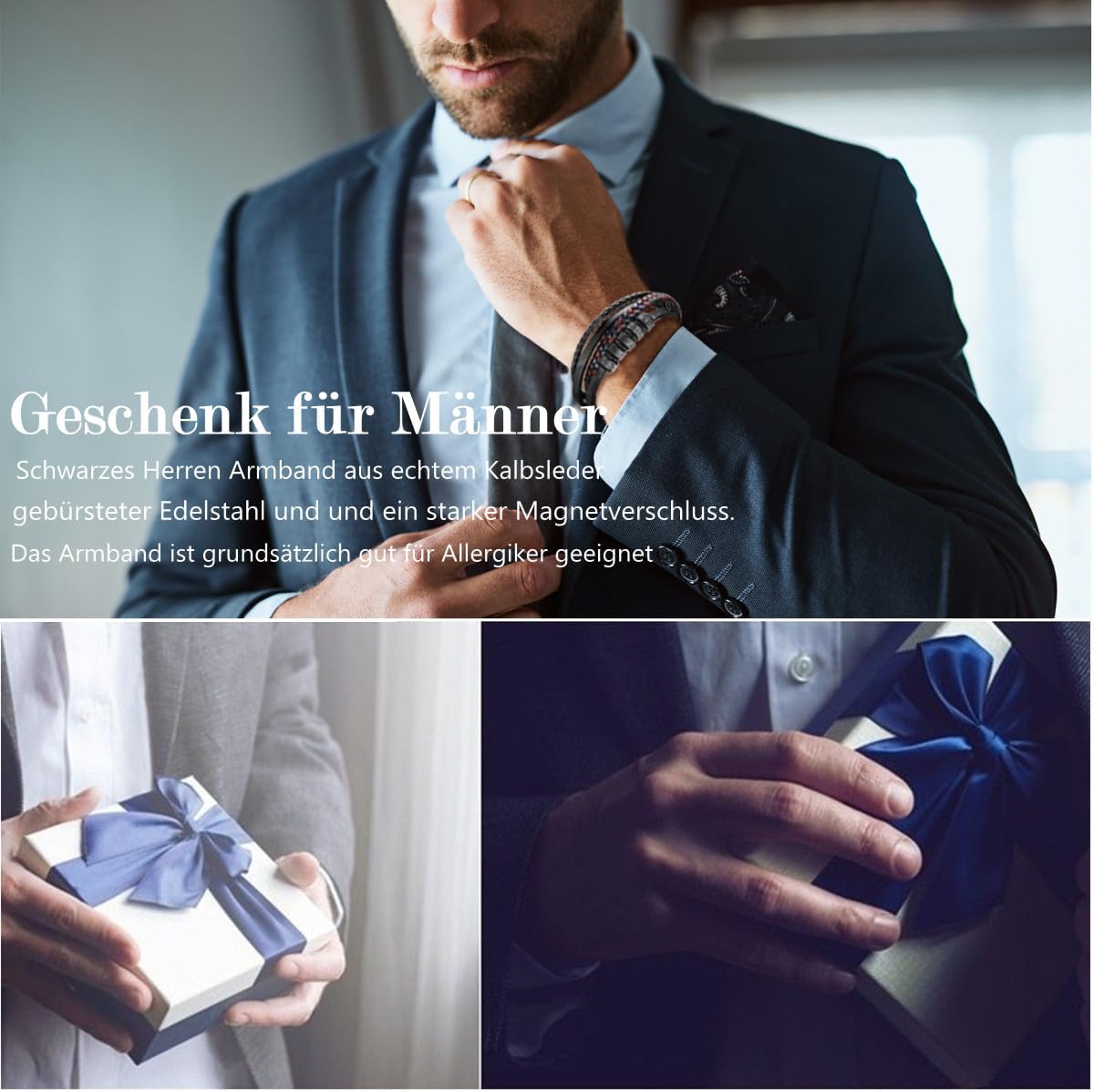 Thumbnail 5 de Gkmamrg Herren-Lederarmband mit Magnetverschluss aus echtem Kalbsleder – schwarz, geflochten