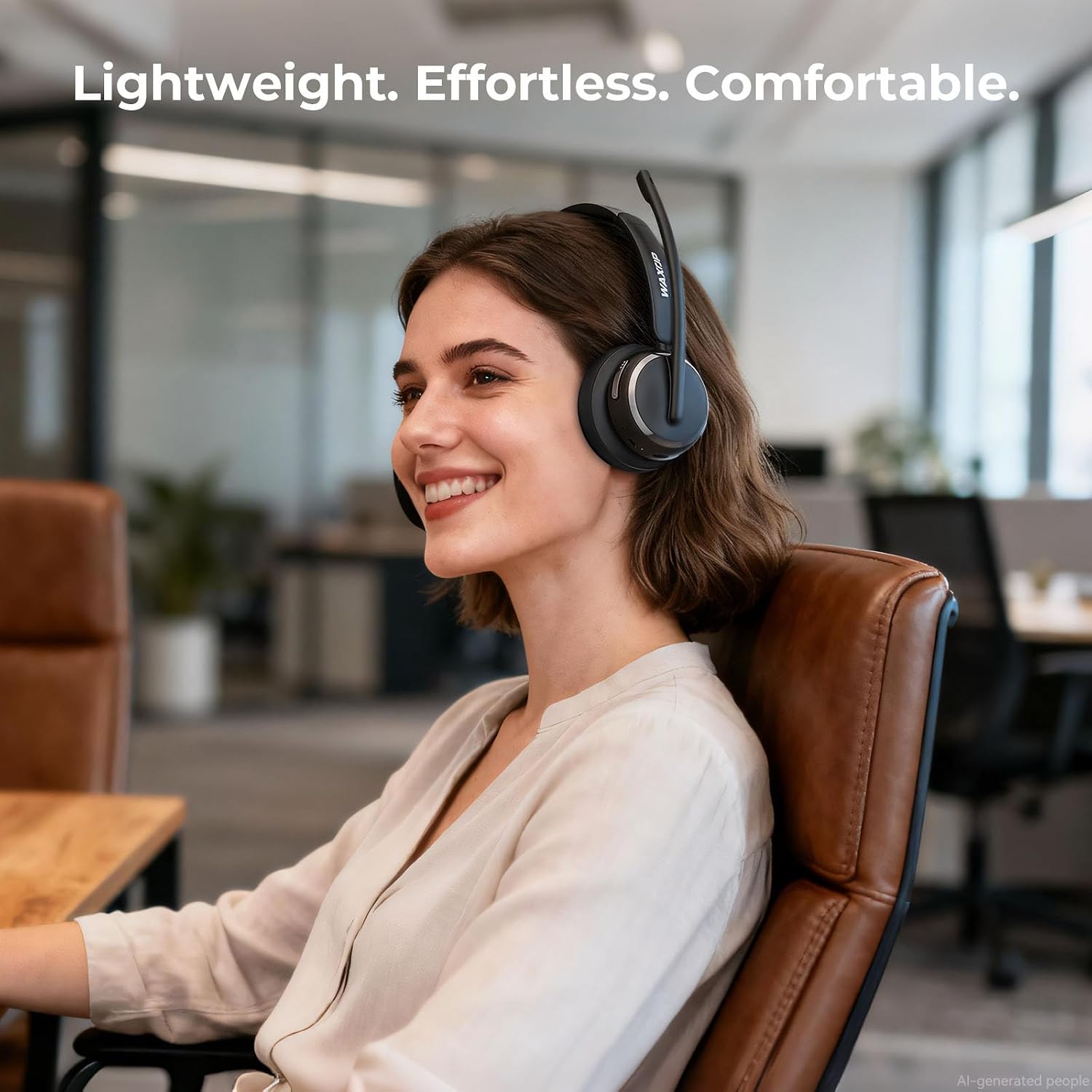 Detalle de Waxop Wireless Headset with Mic for Work — Bluetooth 6.0, 65H, 60ft Range, USB Dongle & Dock