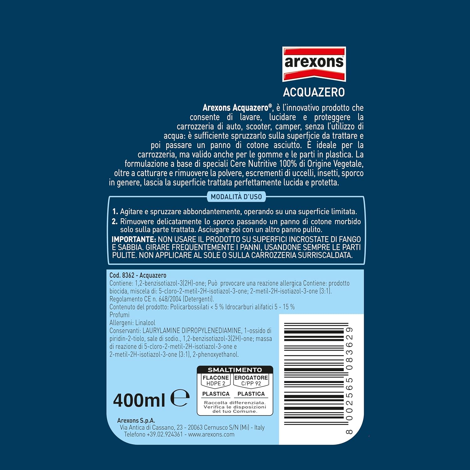 Thumbnail 2 de Arexons Acquazero Pulizia Lavaggio e Lucidatura Auto Senza Acqua, 400 ml