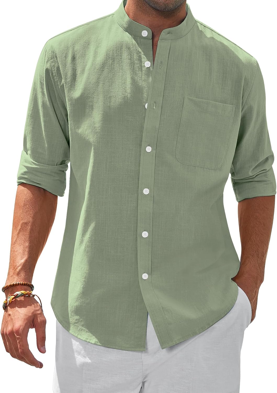 Detalle de siliteelon Leinenhemd Herren – Langarm, Stehkragen, Regular Fit