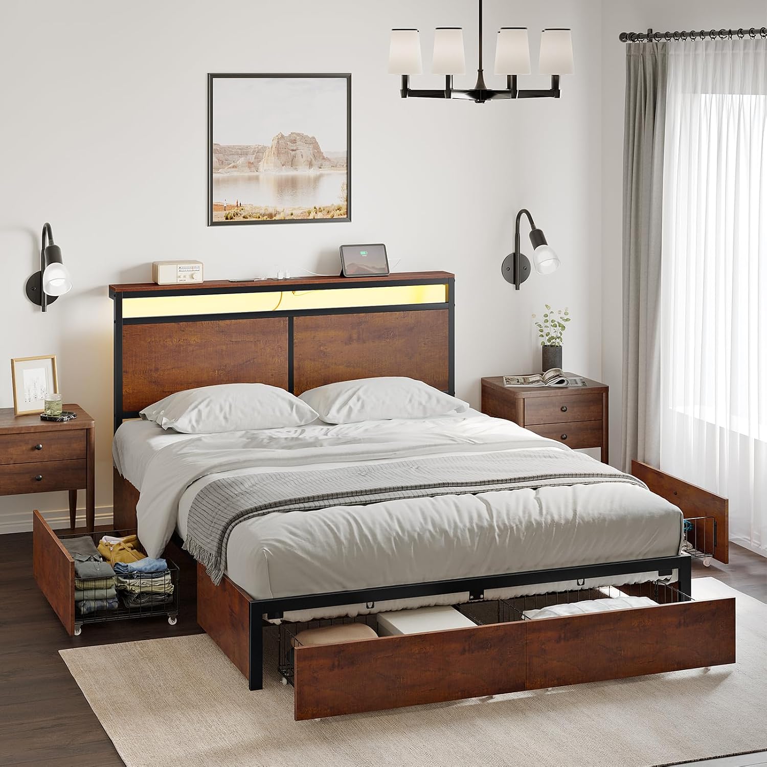 Detalle de HAUSOURCE Queen Bed Frame with Storage, LED Headboard and Charging Station