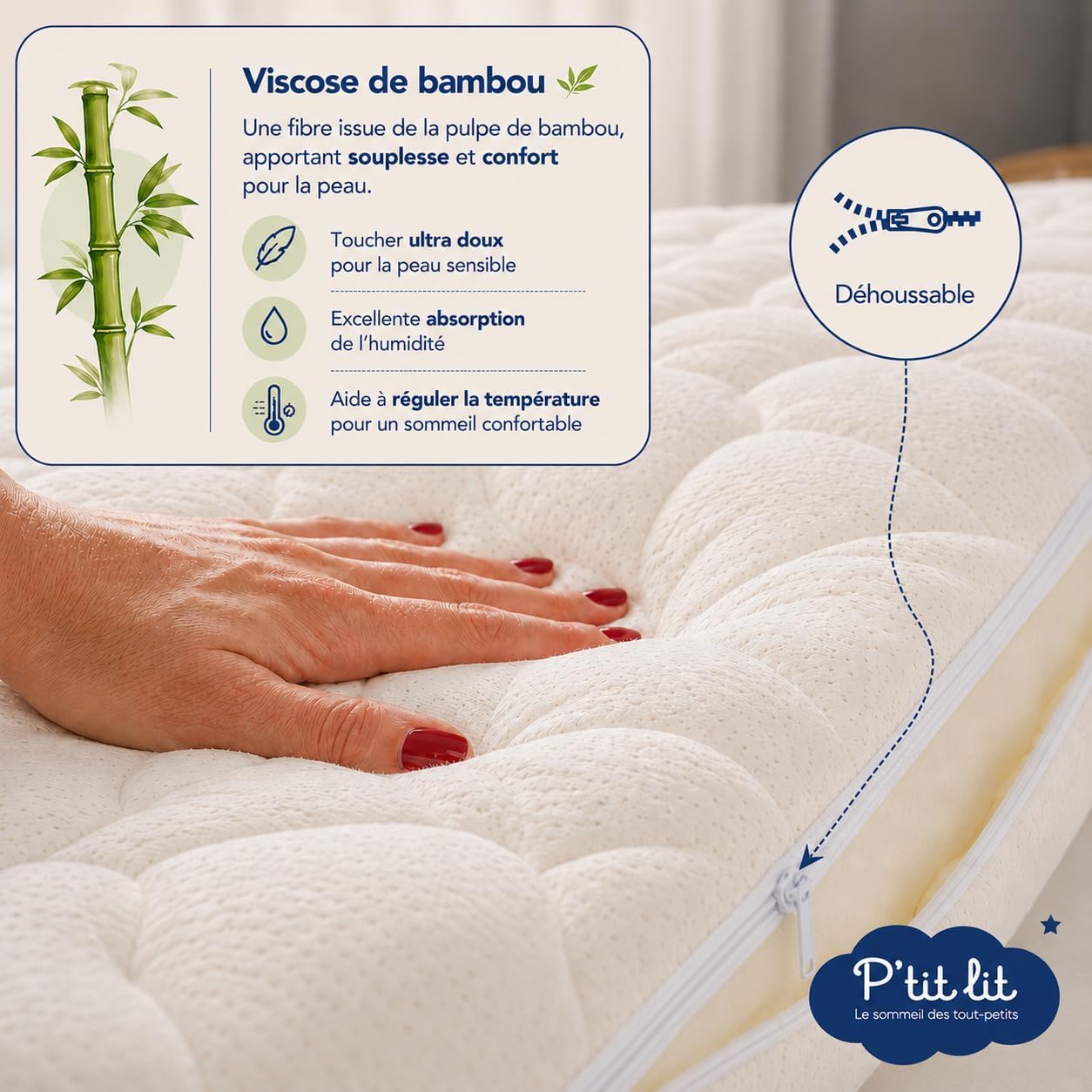 Thumbnail 1 de P'TIT LIT Matelas Bébé Bamboo 60x120 cm — Visco doux, déhoussable et fabrication Française