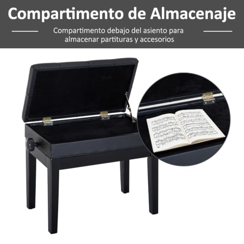 Thumbnail 4 de HOMCOM Banco de Piano con Storage y Patas de Madera, 54,5x33x48-58 cm Negro