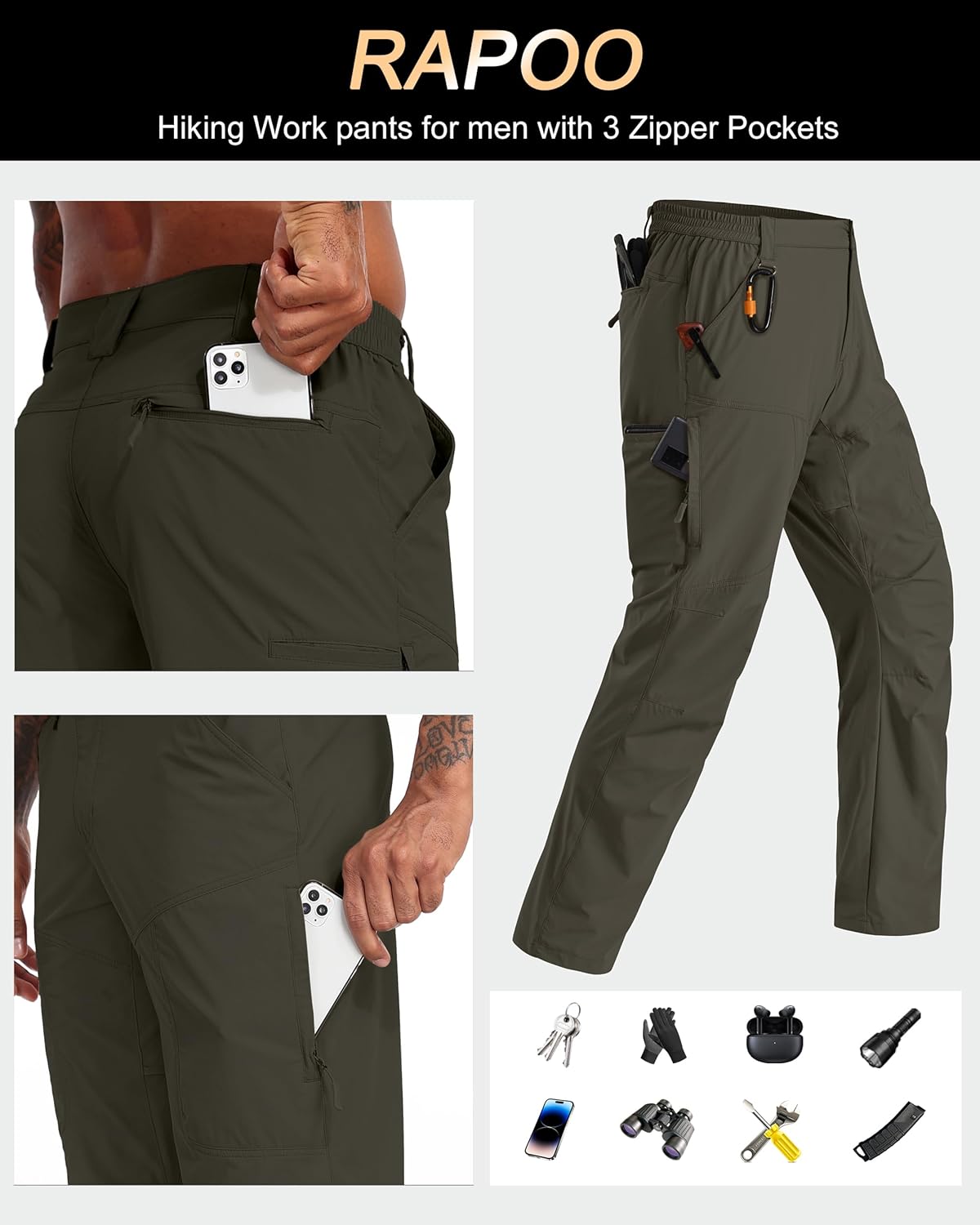 Thumbnail 4 de Rapoo Mens Hiking Pants: Lightweight, Water-Resistant Nylon Cargo Pants with 6 Pockets