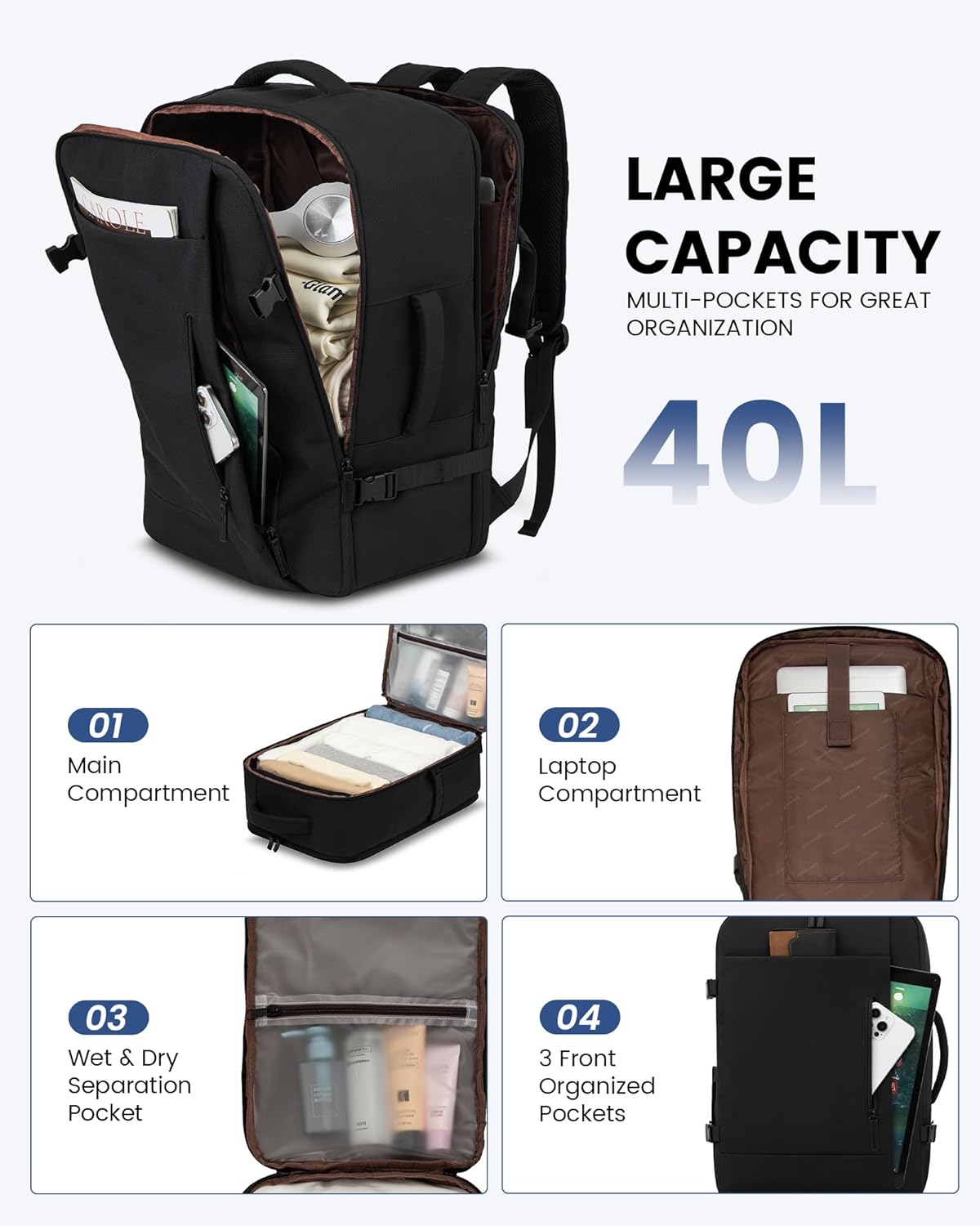 Detalle de LOVEVOOK Zaino da Viaggio 40L: Zaino da Cabina impermeabile con porta PC 17,3" per Viaggiatori Pratici