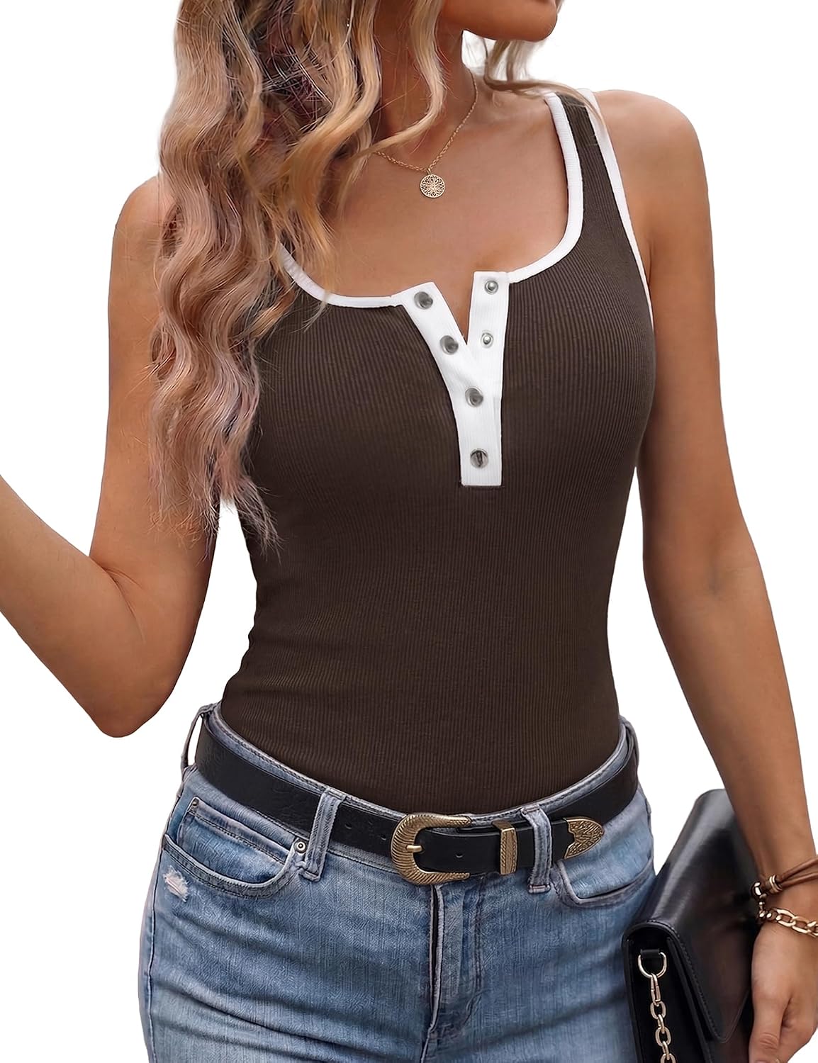 Detalle de Aottori débardeur femme sans manches col carré à boutons, viscose côtelée slim fit