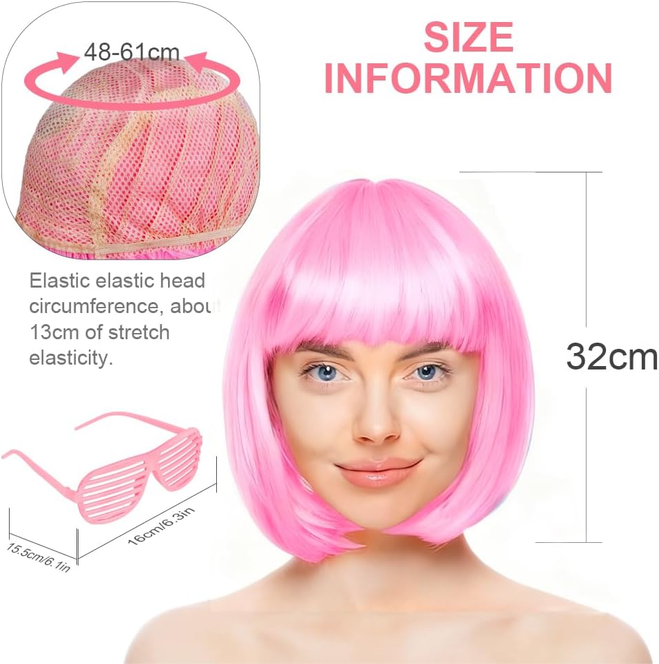 Detalle de AUYAO 5413733 Partyrama – różowa peruka bob 28 cm z grzywką