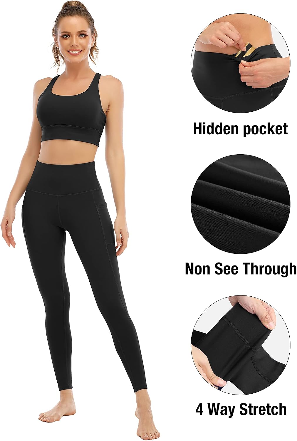 Detalle de YOUNGCHARM 4-Pack High-Waist Leggings with Pockets (Tummy Control) for Women