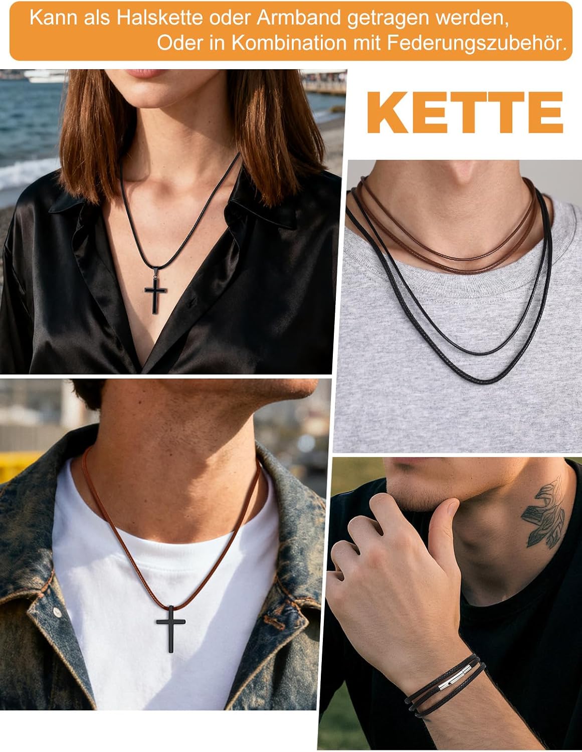 Thumbnail 1 de Richsteel Lederkette Herren | 2/3 mm Breite, Drehverschluss, Schwarz/Braun | 40–76 cm
