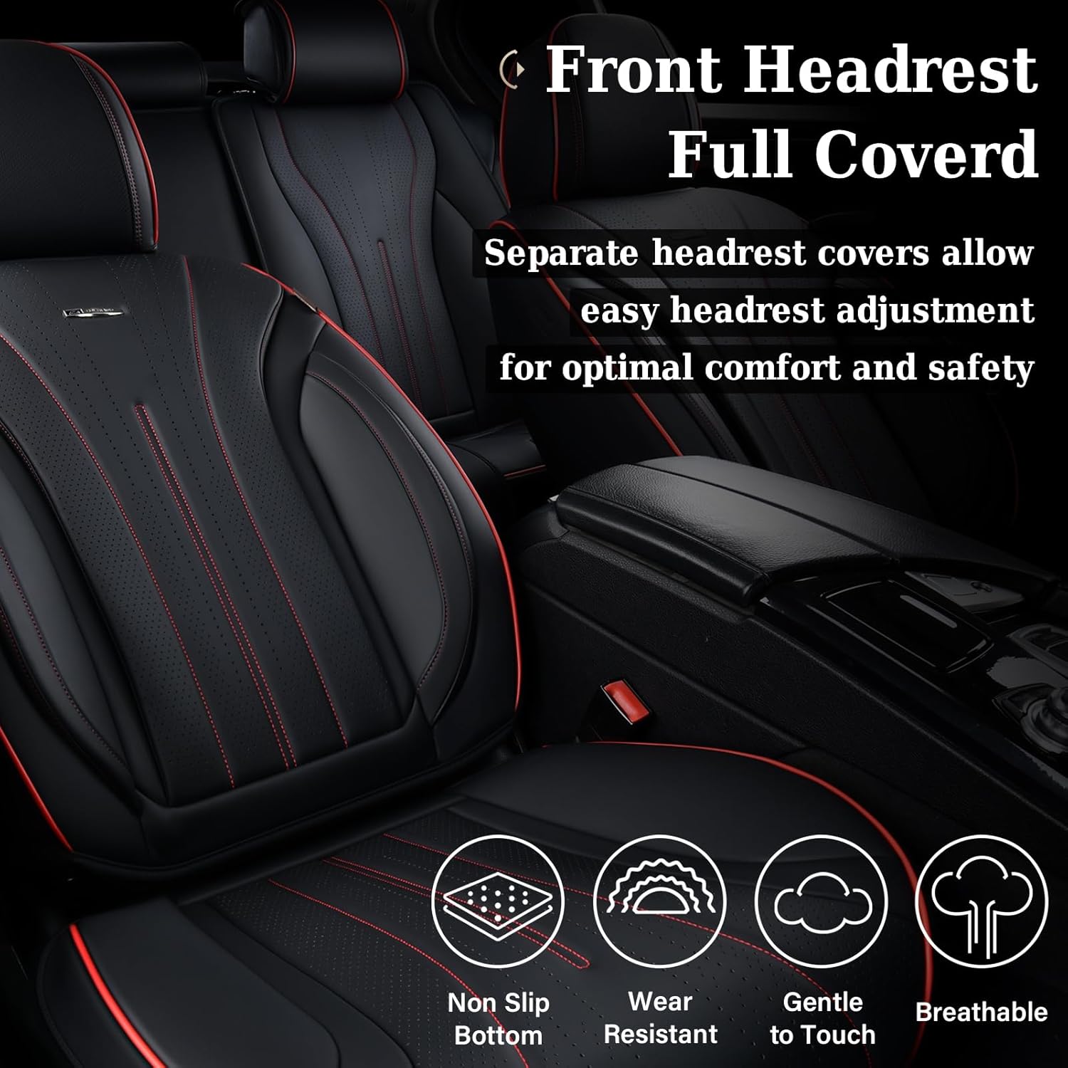 Detalle de Coverado Front Seat Covers (Nappa Leather Look) — Waterproof Universal 2-Pack for Most Cars, Black & Red Line