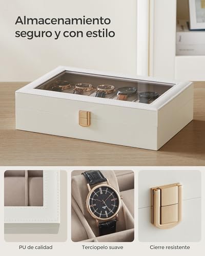 Detalle de SONGMICS JWB120W01: Caja de Relojes con 12 Compartimentos y Tapa de Cristal en Cuero Sintético Blanco Nube