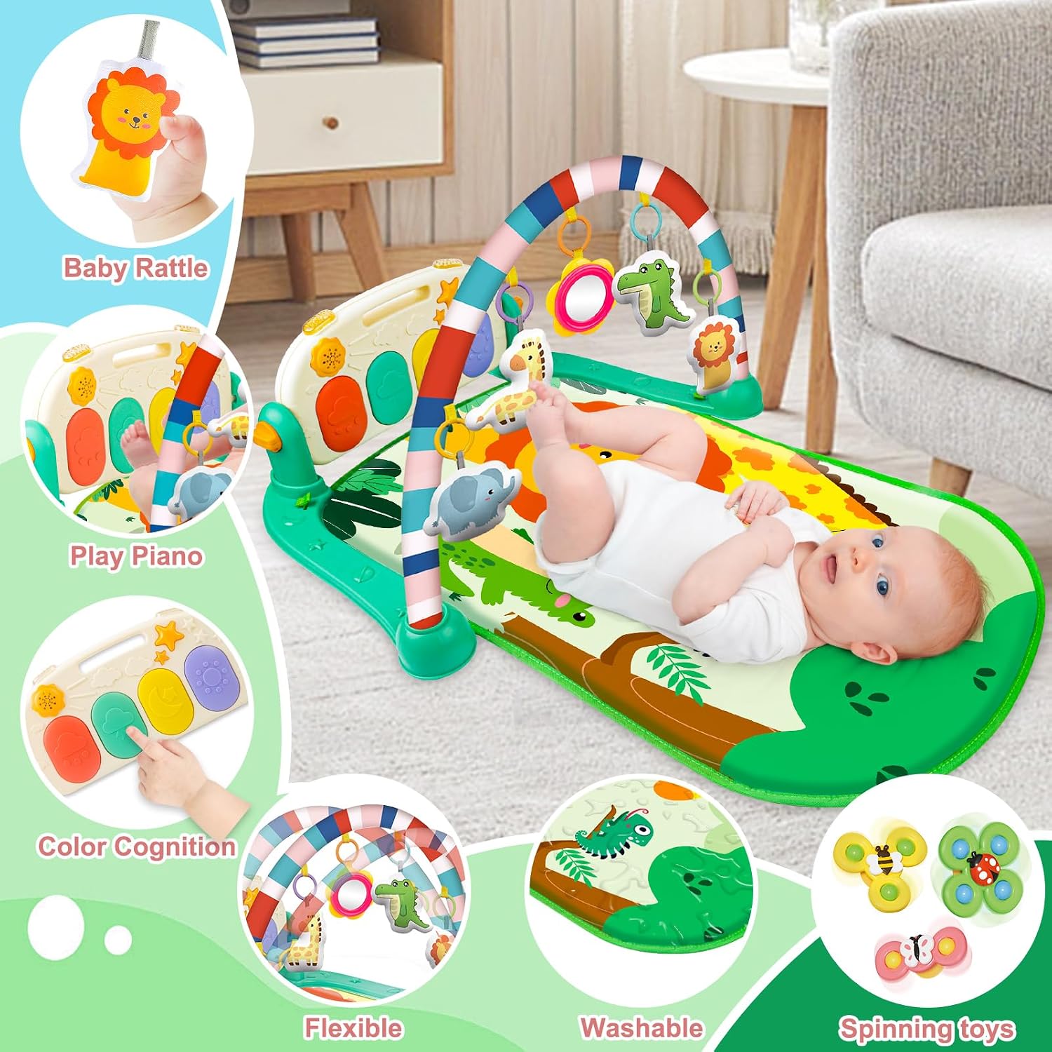 Detalle 2 de Playix Baby Activity Gym Play Mat with Piano, Removable Toys and Mirror