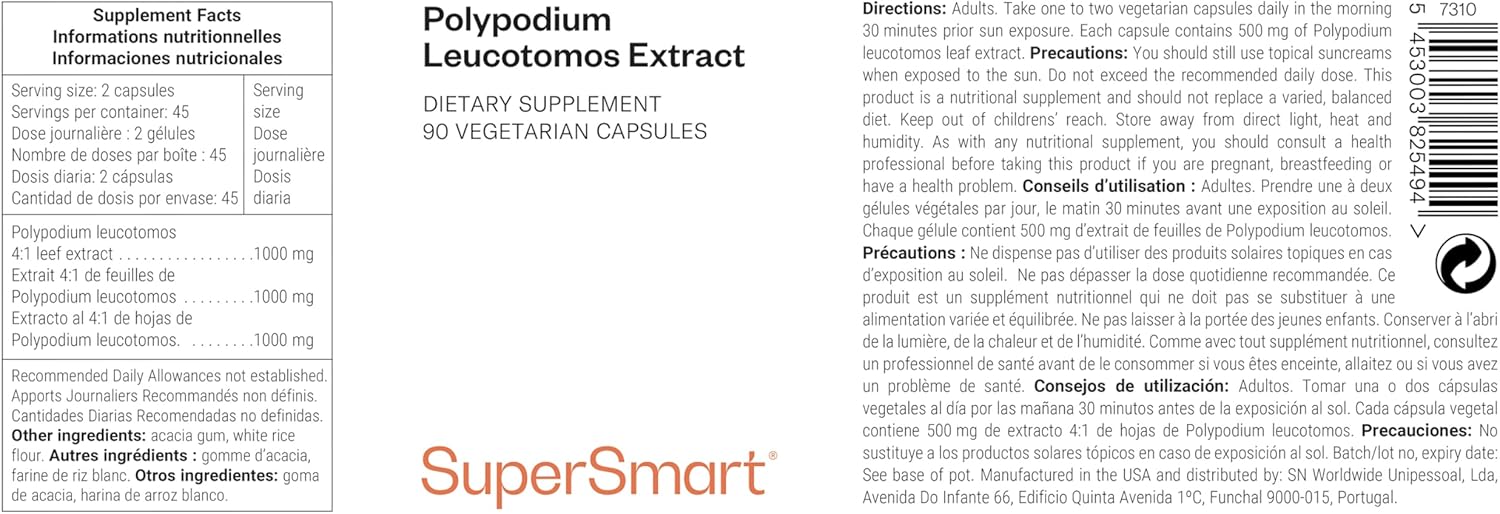 Thumbnail 1 de SuperSmart Polypodium Leucotomos Extrakt (pflanzlich) – 90 vegetarische Kapseln, nicht GVO & glutenfrei