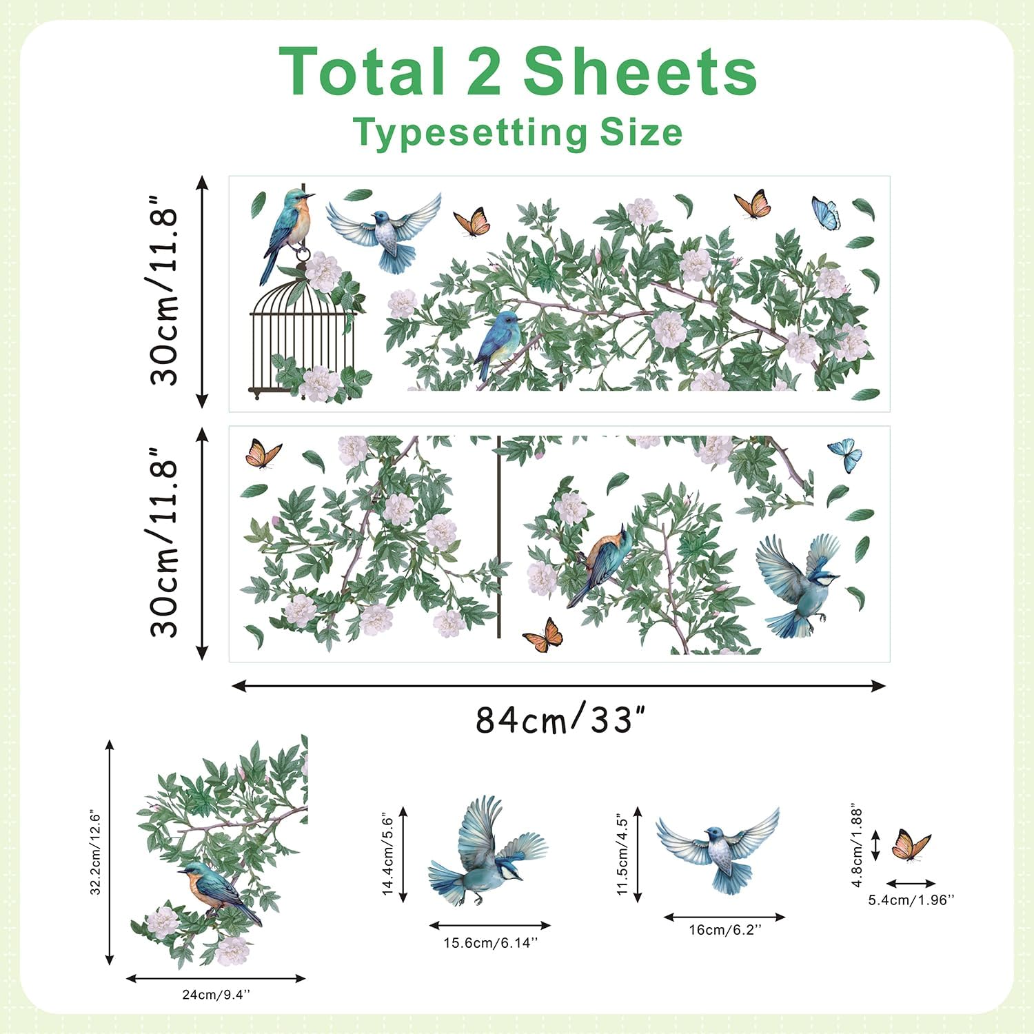 Detalle de HPUINB Green Plants & Birds wall stickers with tropical leaves (removable palm tree mural)