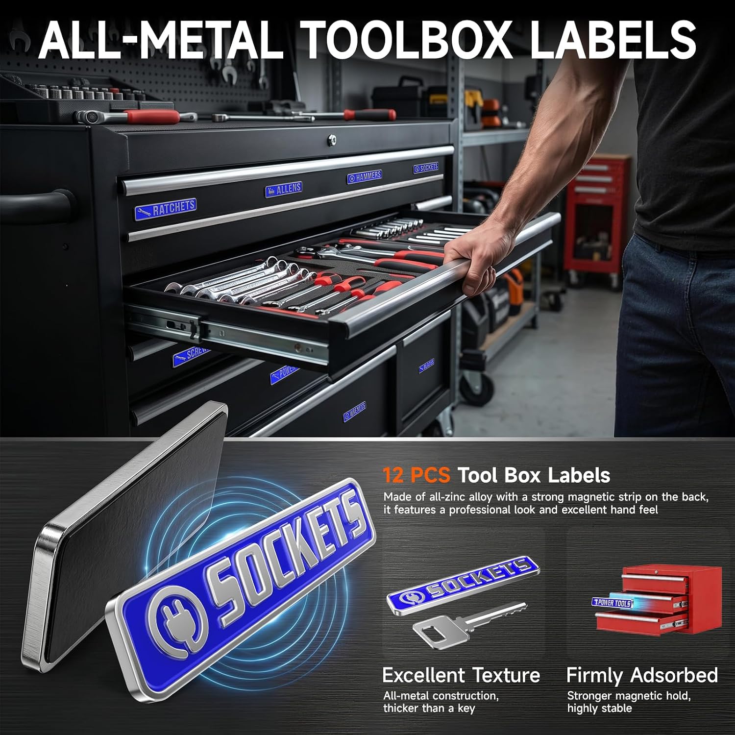 Thumbnail 2 de VTRUSTA 12-Piece Magnetic Metal Toolbox Labels, Blue, Embossed, 2–4.1 Inches