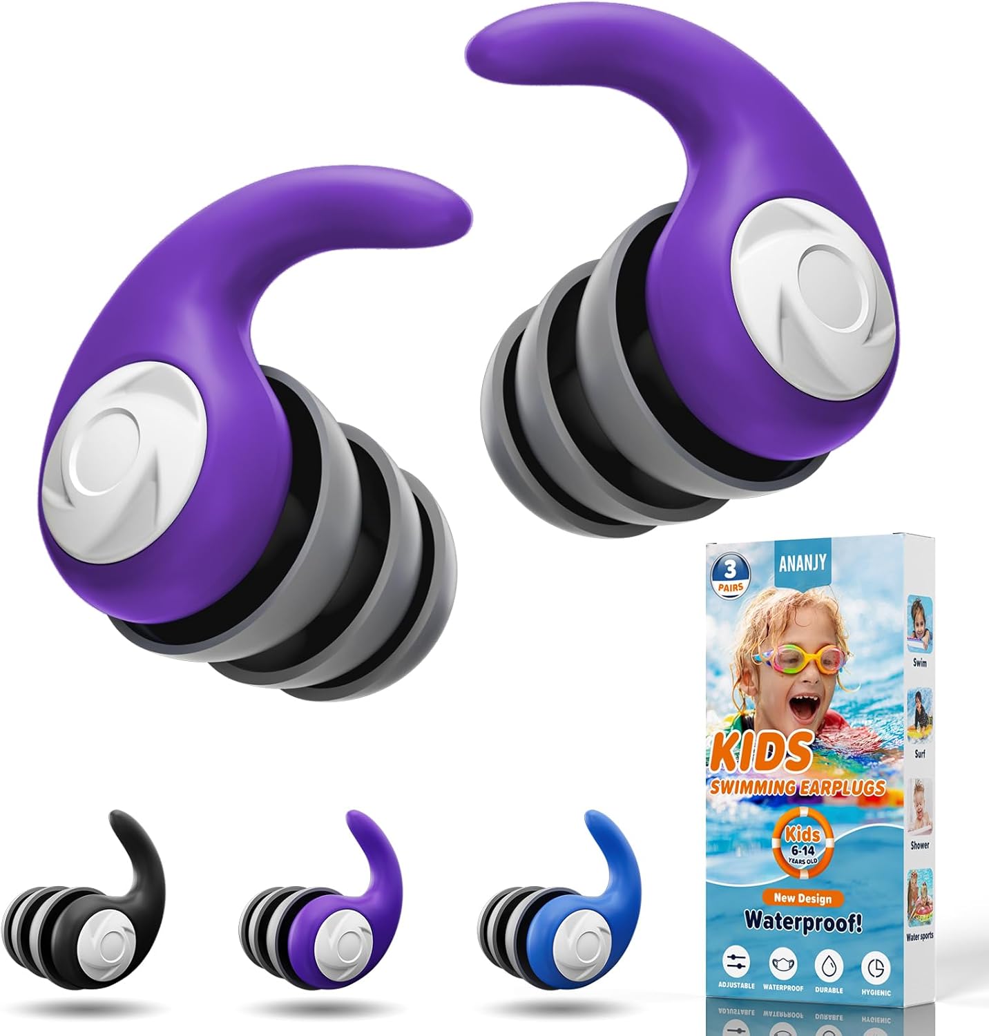 Detalle de Waterproof Swimming Ear Plugs for Adults – 3 Pairs of Reusable Soft Silicone Ear Protection