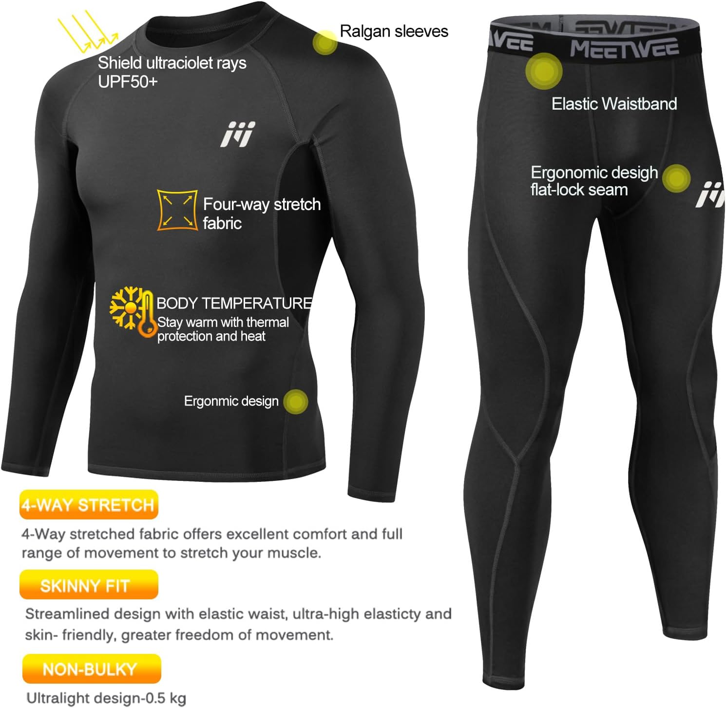 Detalle de MEETWEE Set di Biancheria Intima Termica da Uomo – Maglia a Maniche Lunghe + Pantaloni a Asciugatura Rapida, per Sci, Corsa ed Escursionismo