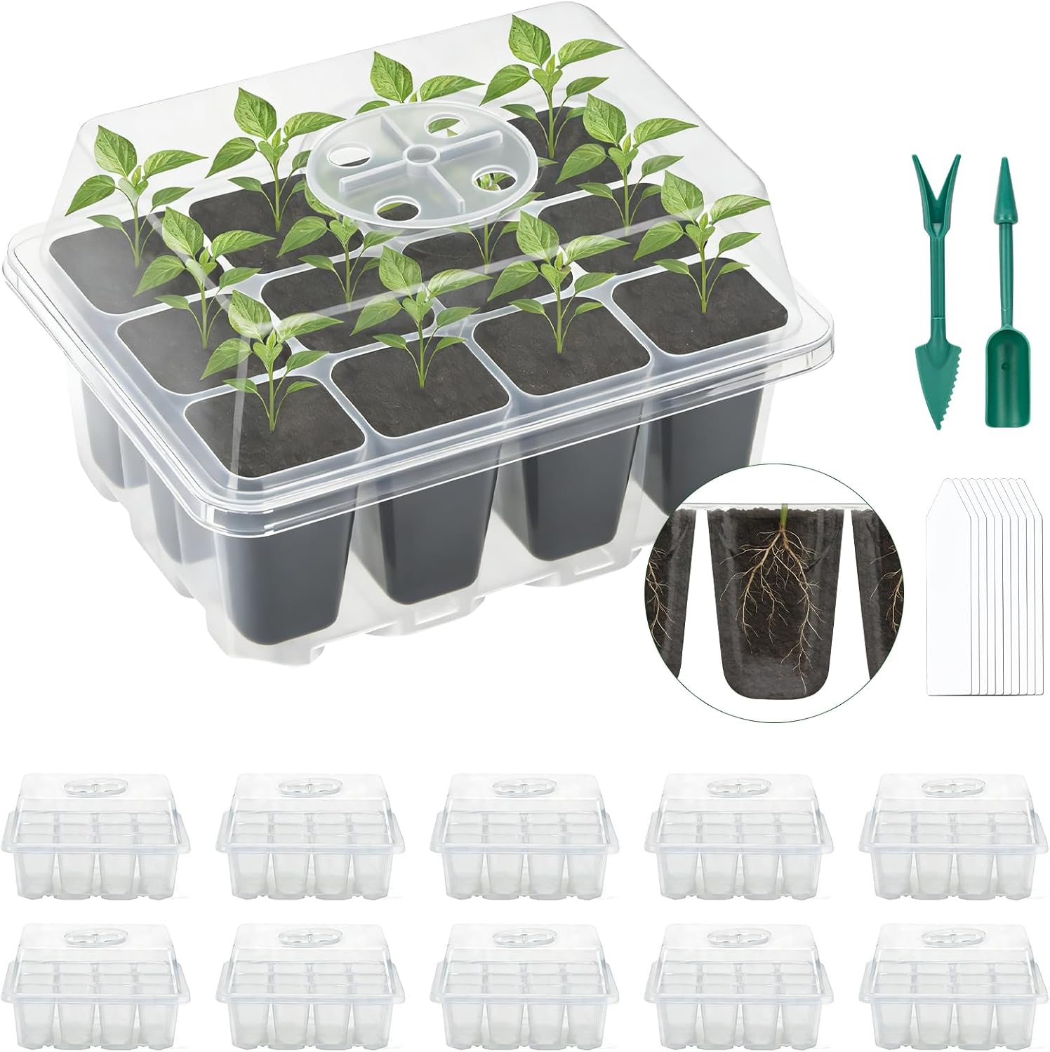 Detalle de Lychee Seed Trays: 10 Pack 120-Cell Propagator with Lidded Rotatable Vent – Transparent PET Seedling Starter Kit