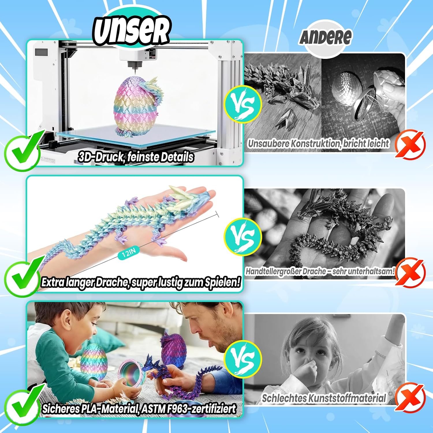 Thumbnail 3 de 3D Drache (29 cm) – bruchsicheres Drachenei mit Upgrade, Umweltfreundliches Material, Regenbogenfarben