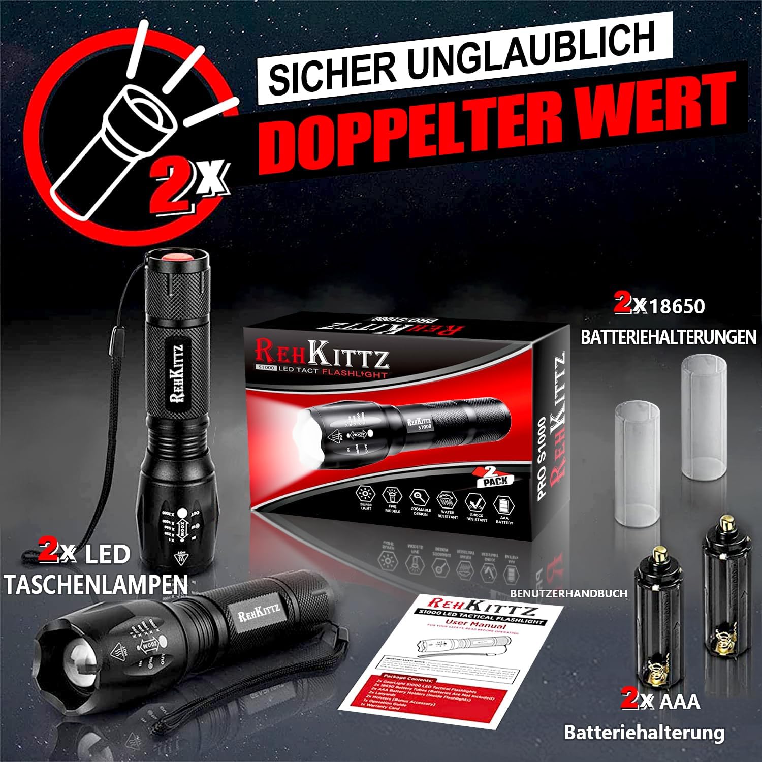 Detalle 2 de REHKITTZ Taschenlampe 2000 Lumen