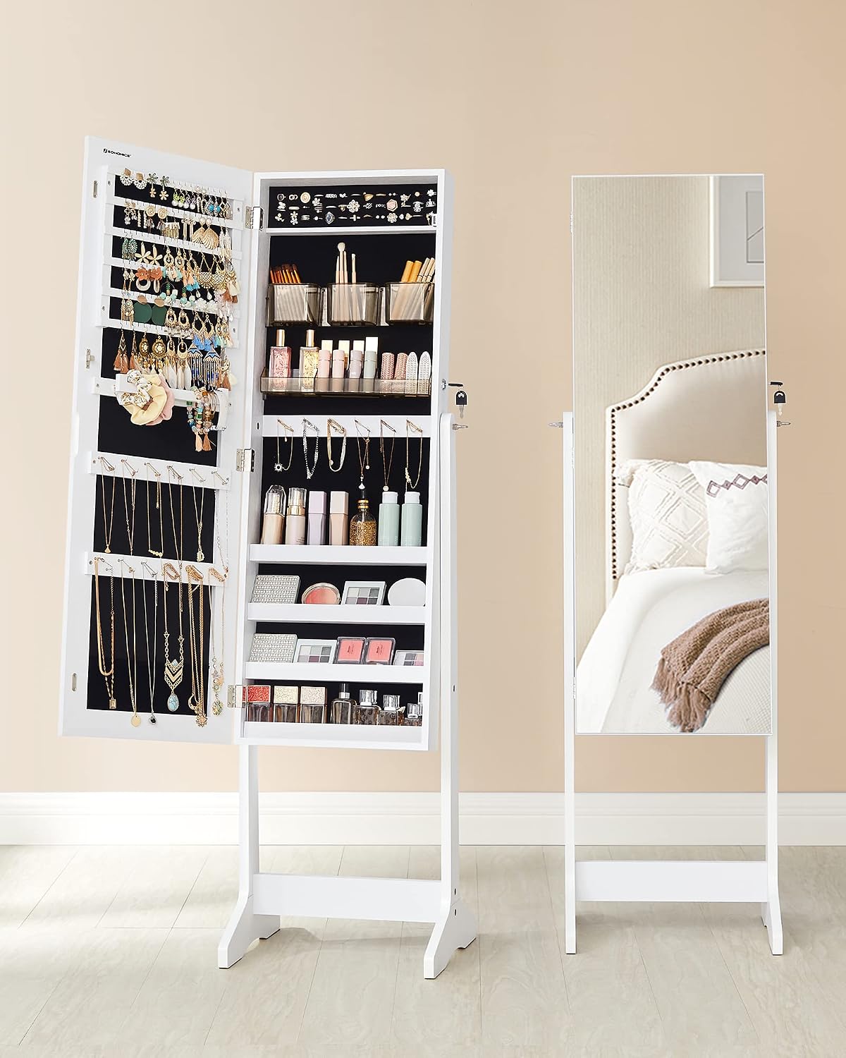 Thumbnail 2 de SONGMICS Schmuckschrank JJC002W01 – rahmenloser Ganzkörperspiegel, stehend, 2 Make-up-Organizer, abschließbar, weiß