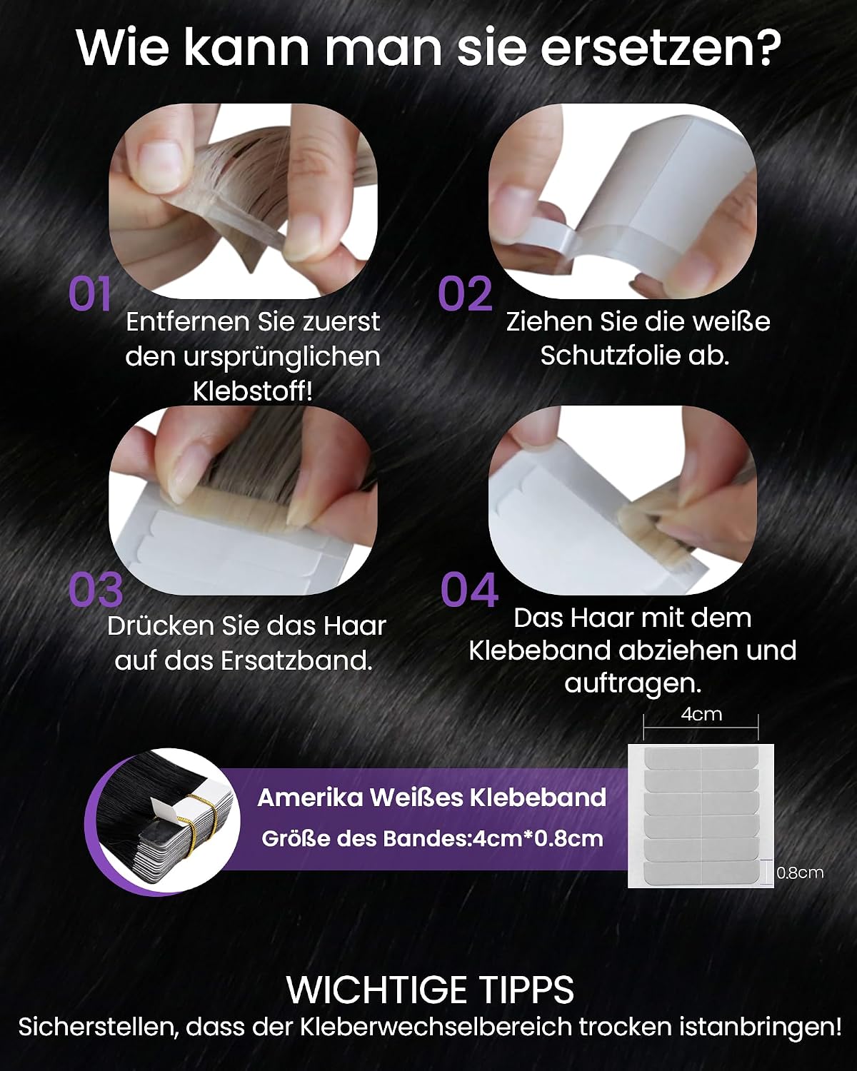 Detalle de LaaVoo Tape-in-Extensions aus Echthaar (Remy), Schwarz – 30 cm, 30 g, 20 Strähnen