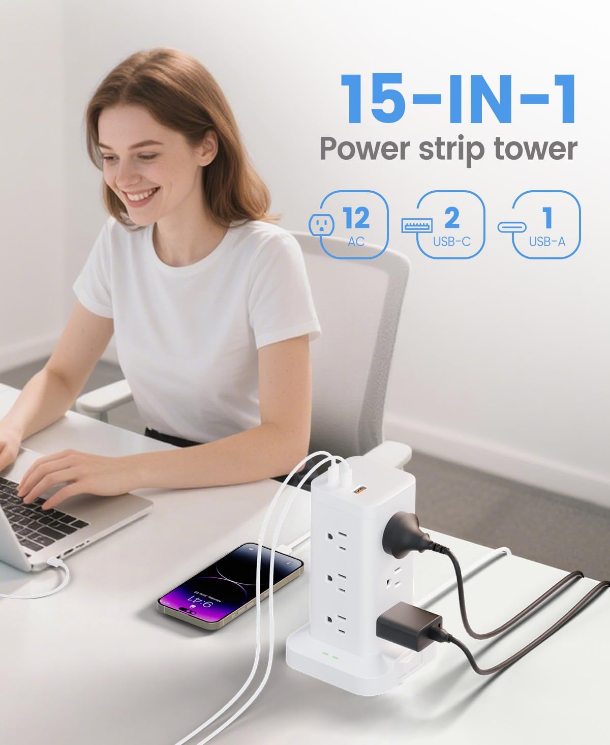 Thumbnail 2 de Power Strip Tower with Surge Protector 1800J (15-in-1) with PD20W USB-C, 12 AC Outlets, 10ft Extension Cord, White