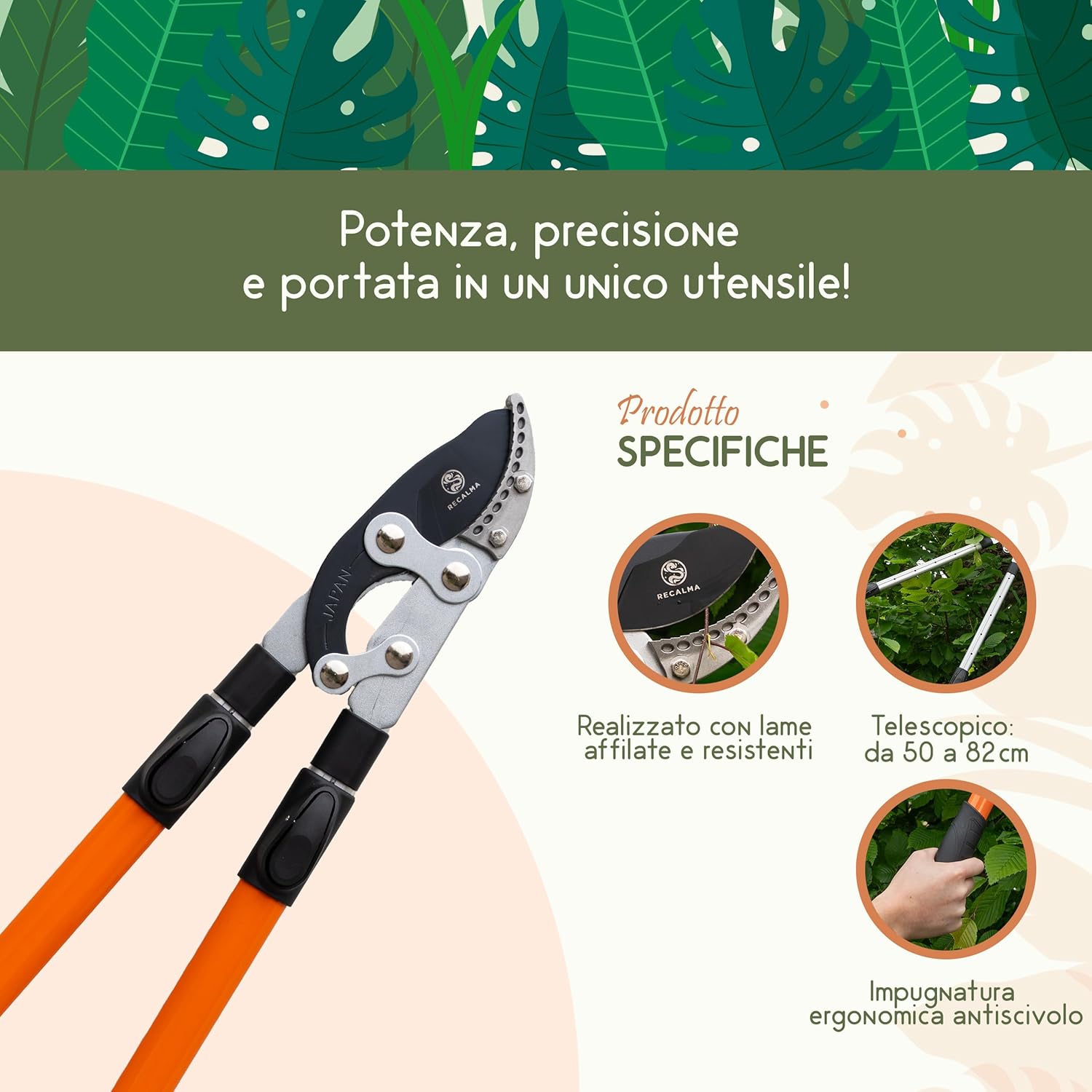 Thumbnail 1 de Recalma Recalma Troncami telescopici: manico 50–82 cm, acciaio temprato, rami >44 mm e cesoie regolabili