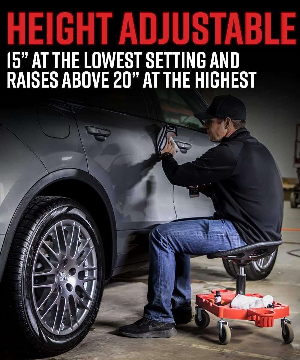 Detalle de Adam's Polishes Pro Rolling Stool: Adjustable Car Detailing Stool with Underseat Storage