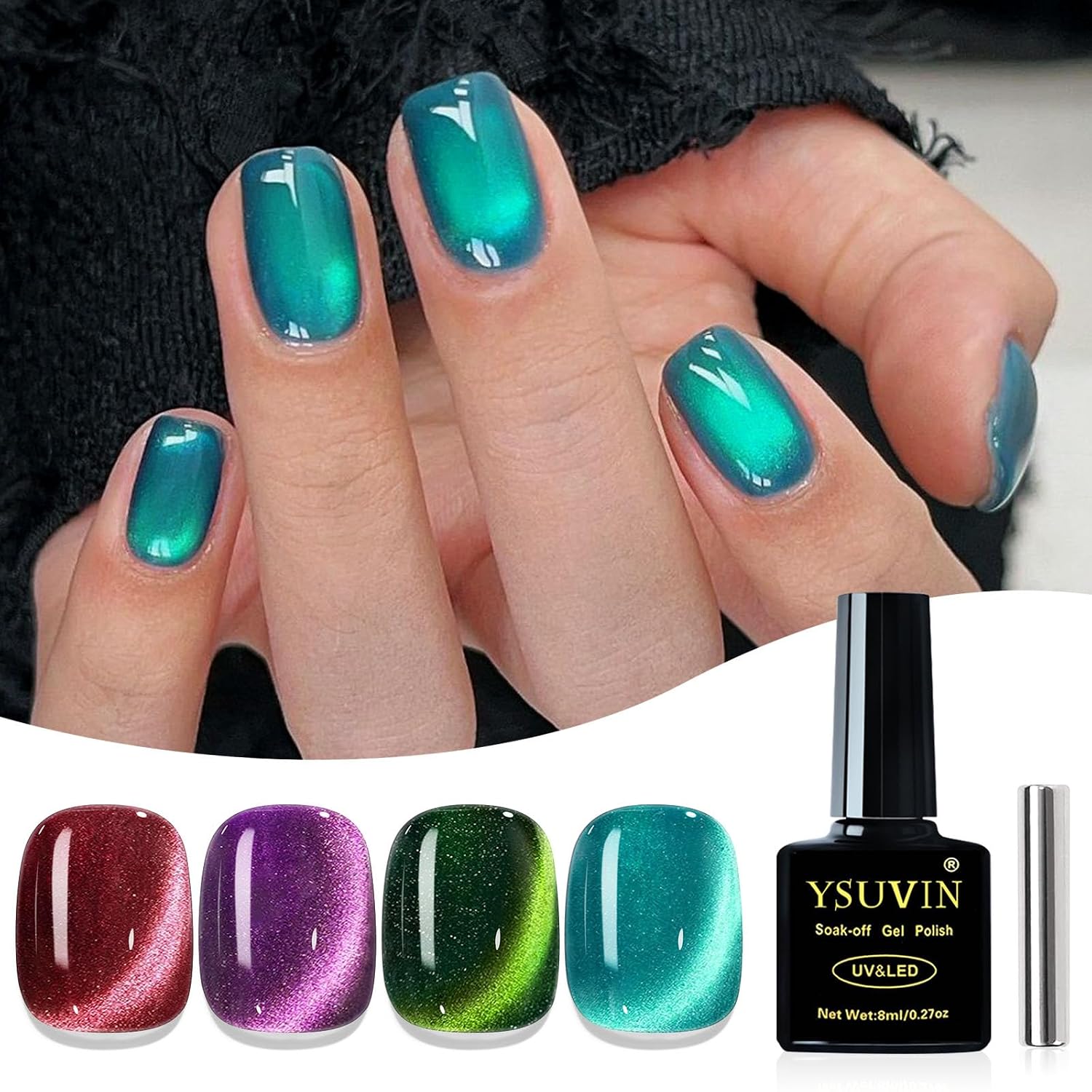 Detalle de YSUVIN UV-Cat-Eye Nagellack (9D) mit Magnetstift – 4 Farben Rot/Lila/Grün/Blau, 8 ml