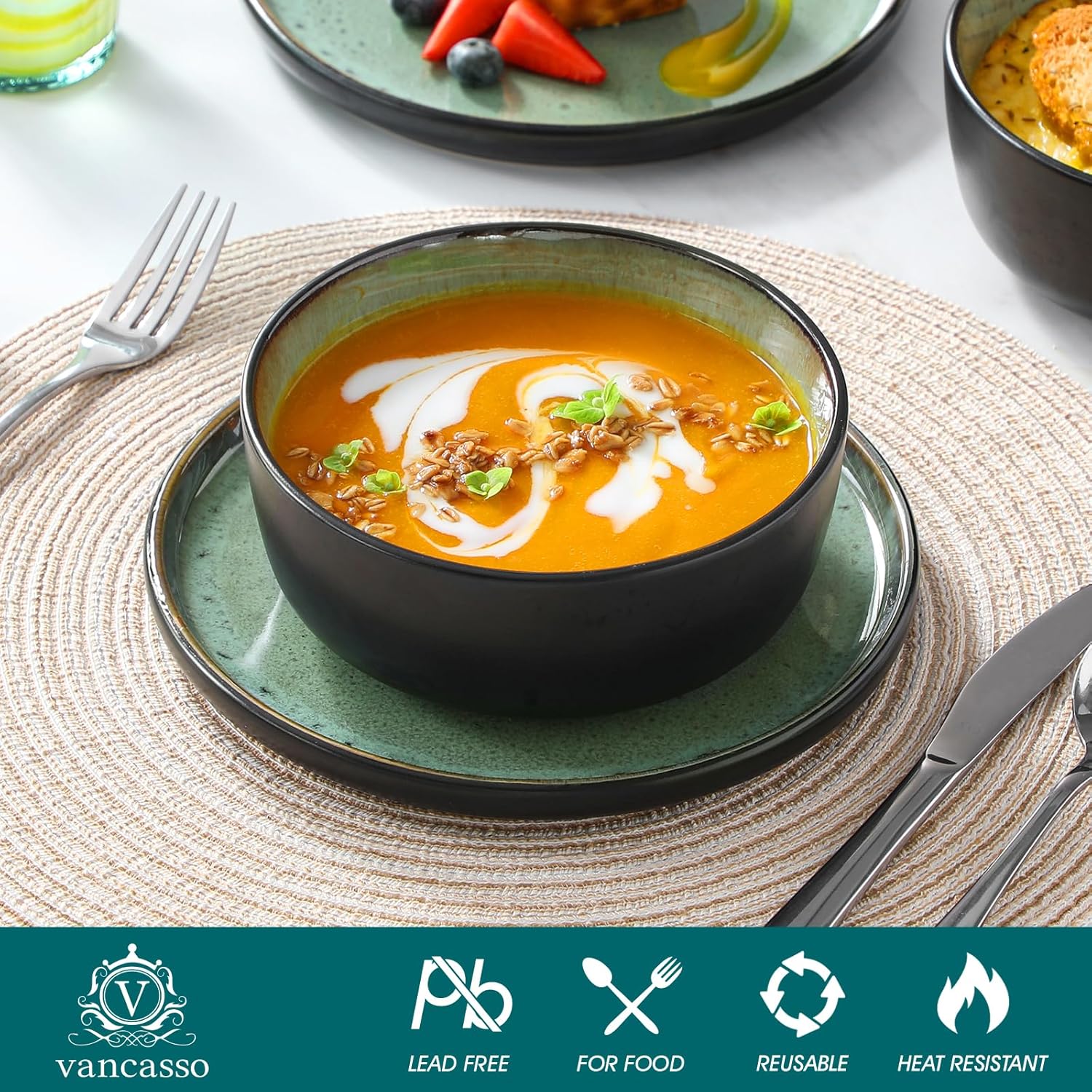 Detalle de vancasso AMBER Series Turf Green Stoneware Dinnerware Set (24-Piece: Plates & Bowls) — Microwave & Dishwasher Safe