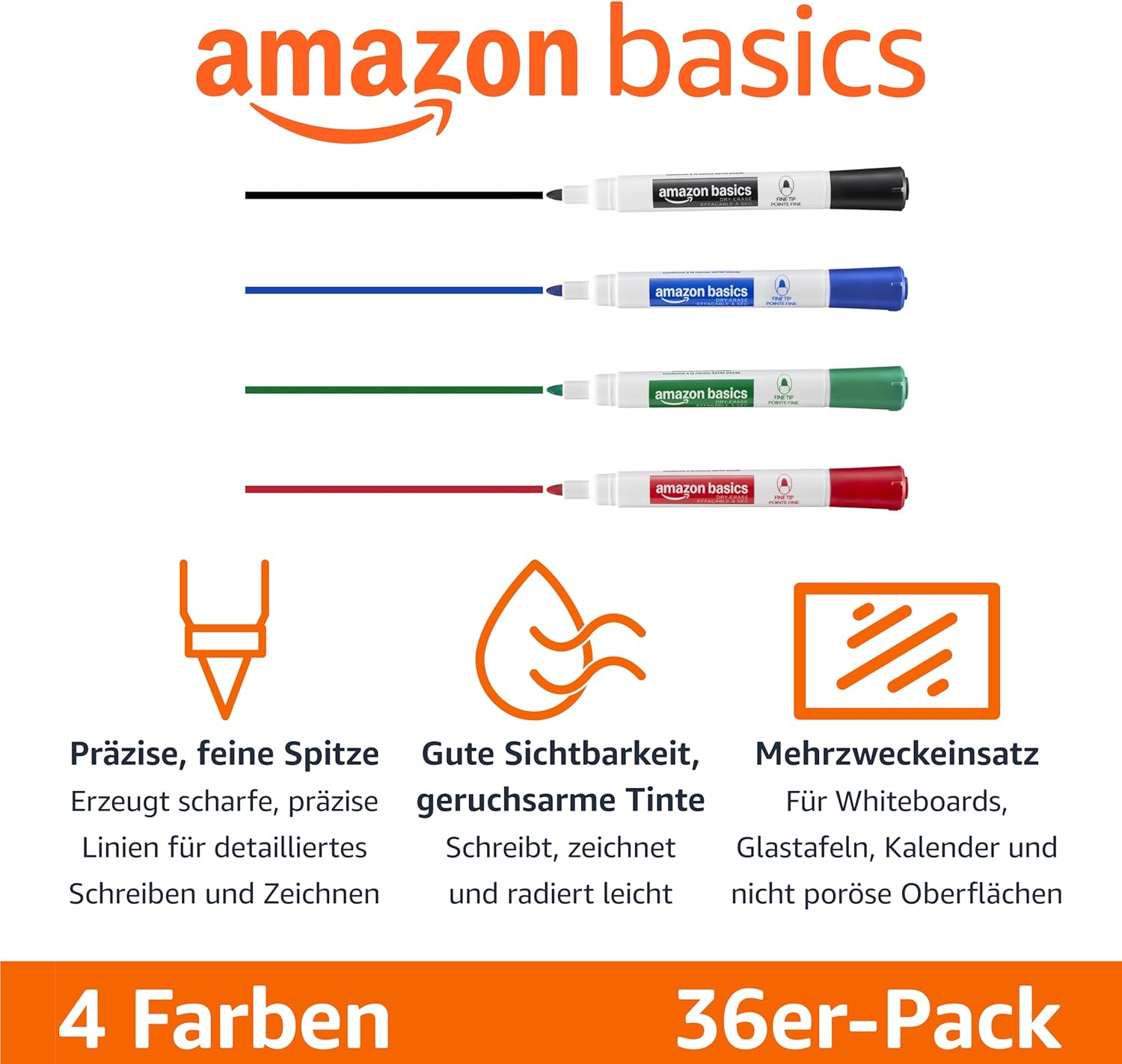 Thumbnail 1 de Amazon Basics Trocken abwischbare Whiteboard-Marker, Feinspitze, 36er Set – 4 Farben