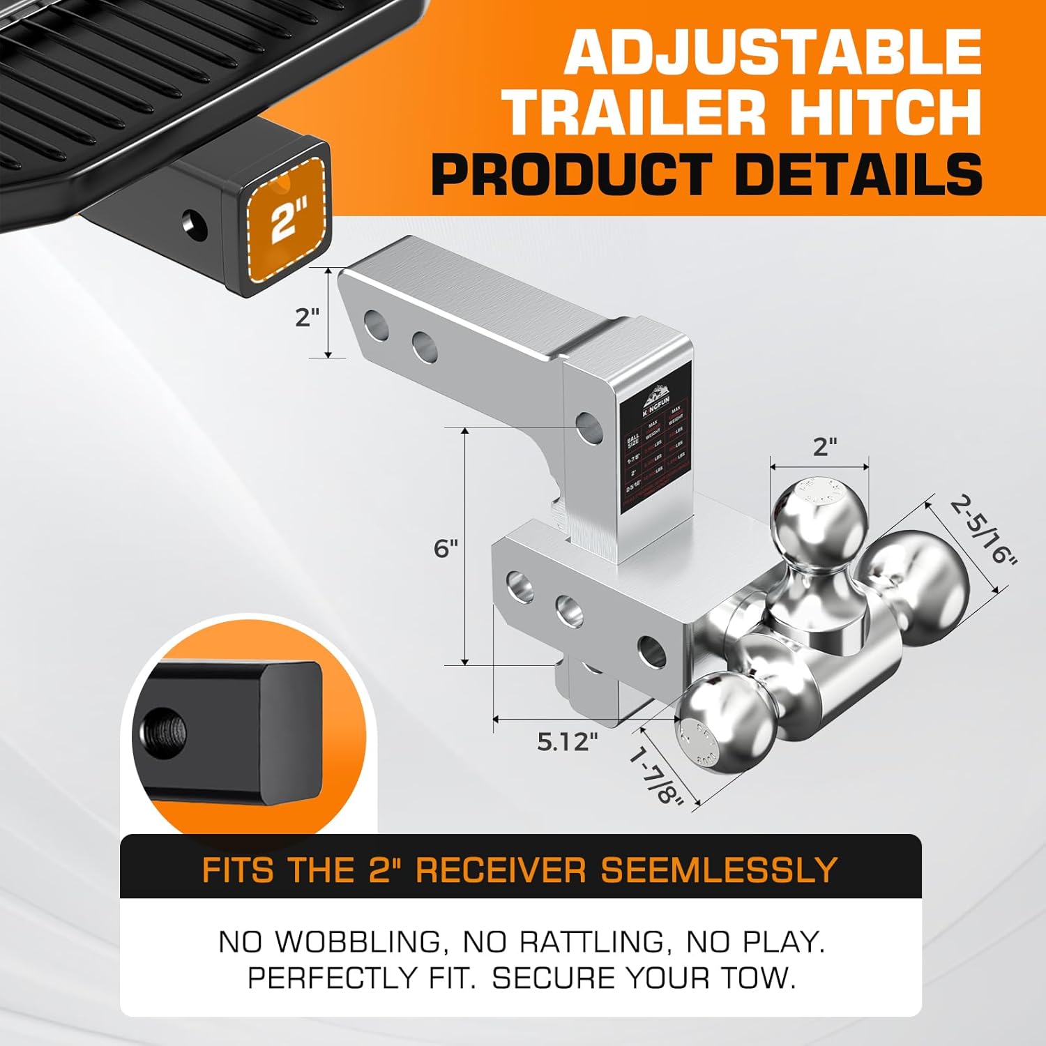 Thumbnail 1 de Kingfun Adjustable Trailer Hitch (2-Inch Receiver) with Tri Ball, 6-Inch Drop/Rise, 12,500 LBS GTW Aluminum Tow Hitch