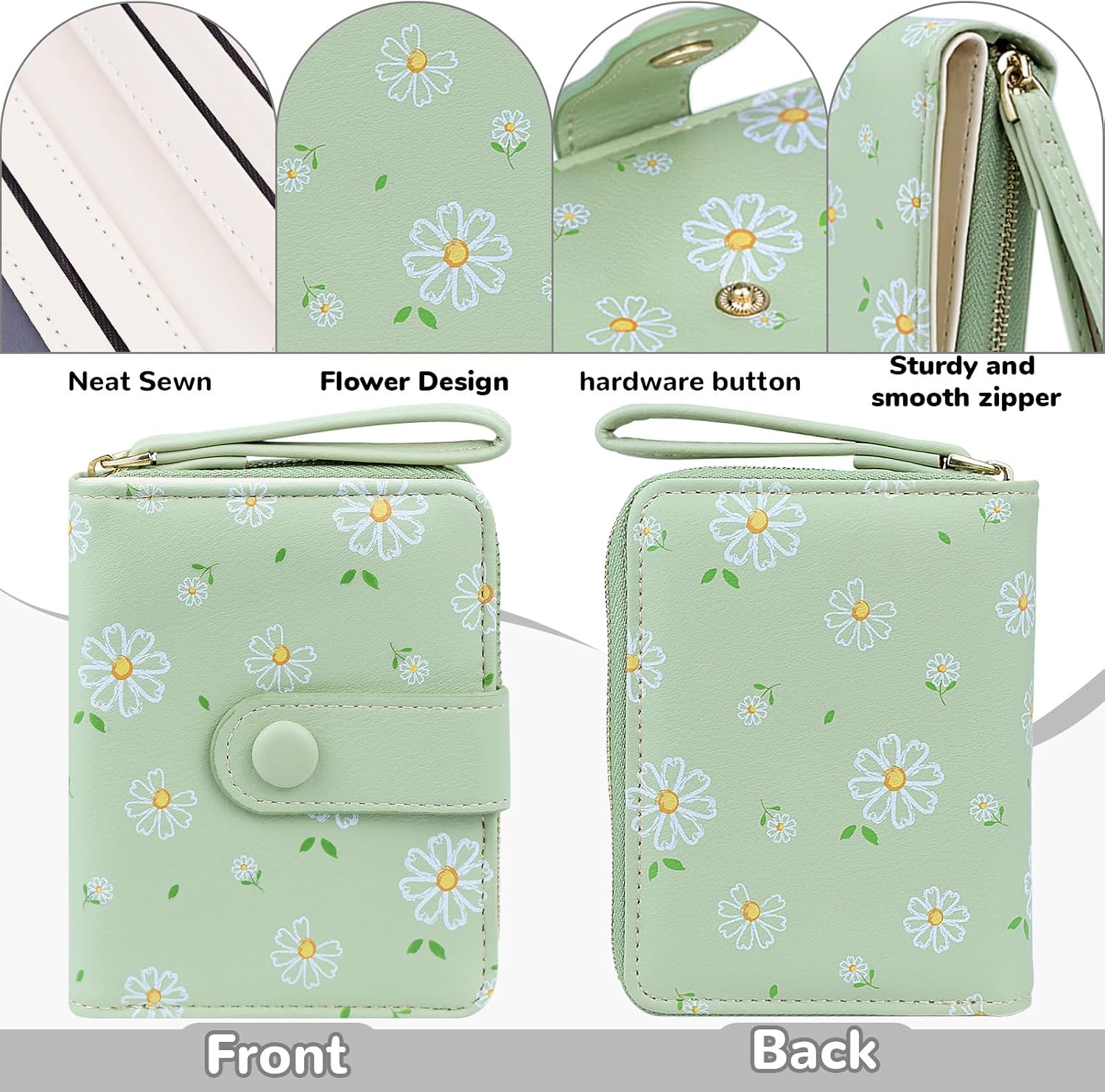 Detalle de Busnos Purses for Women: Green Daisy PU Leather Wallet with Card Holder, Coin Pocket and 5 Card Slots