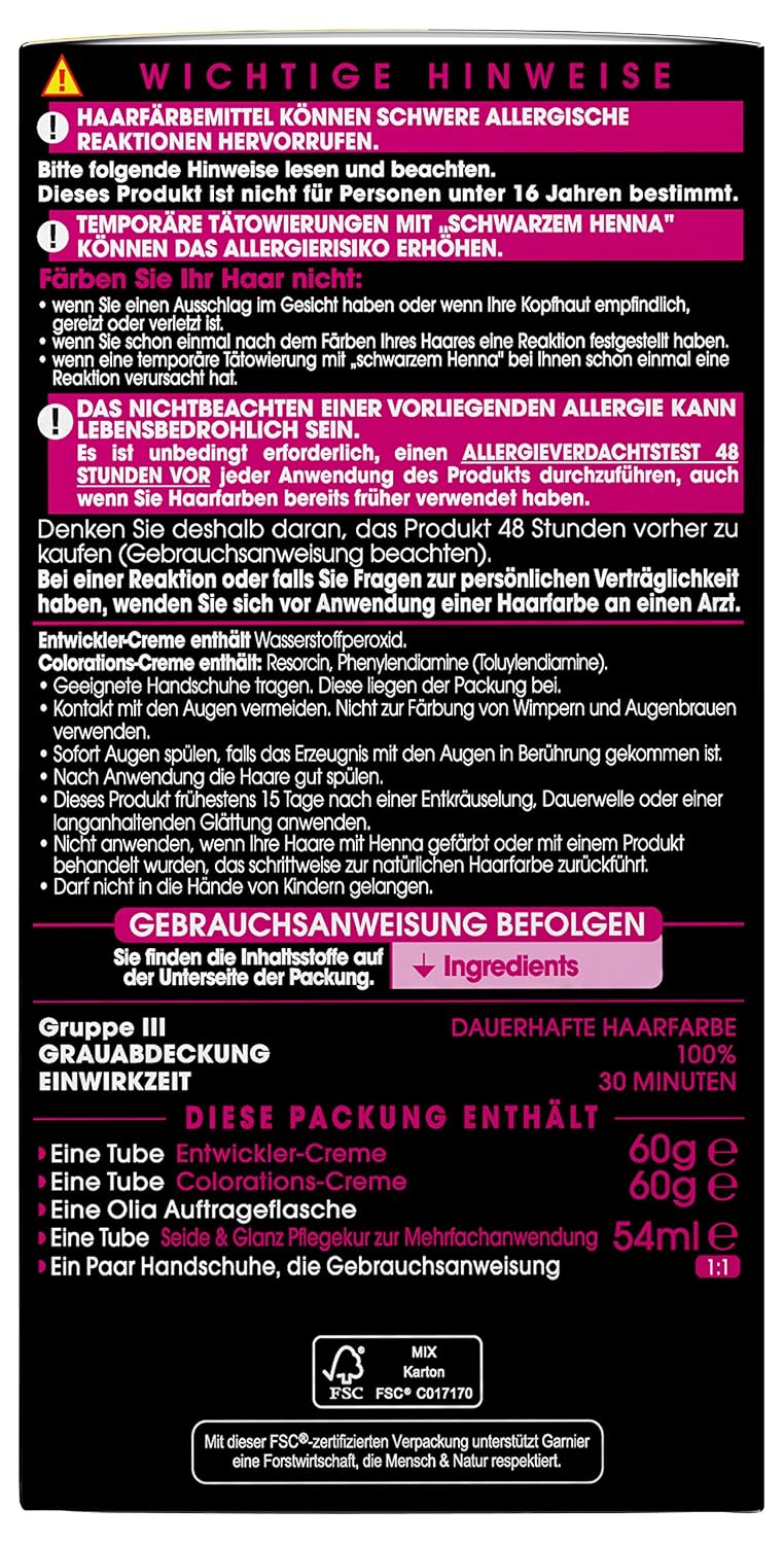 Detalle 2 de Garnier Olia Dauerhafte Haarfarbe ohne Ammoniak Nr. 3.0 Dunkelbraun (Packung mit 2), 1 Stück