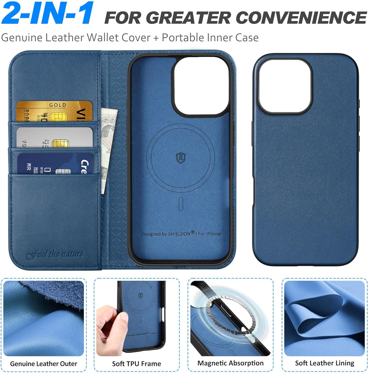 Detalle de SHIELDON Hülle für iPhone 16 Pro Max – Echtleder 2-in-1 Wallet Case, Königsblau
